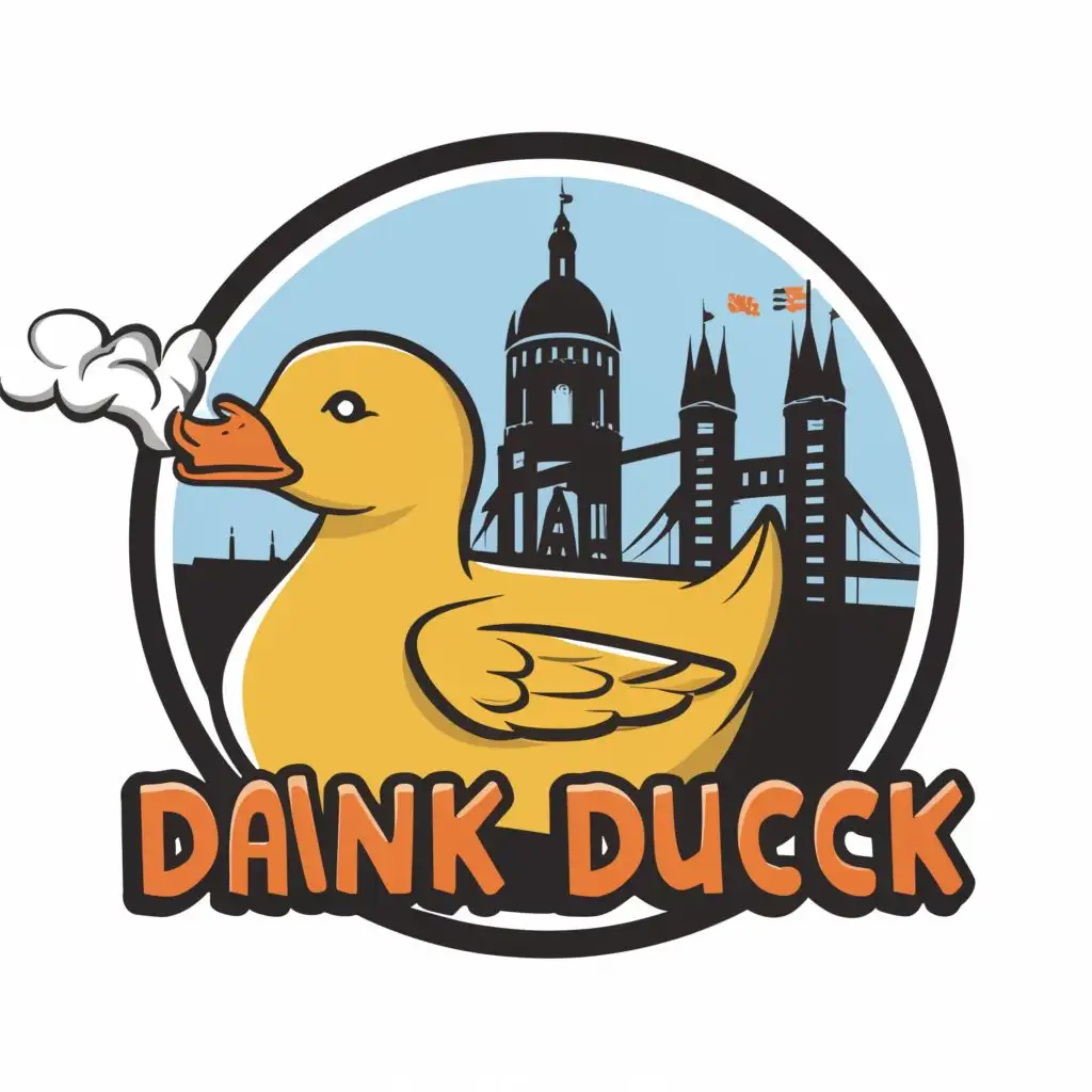 logo, Rubber duck smoking with a silhouette of Nottingham in the background, with the text "Dank Duck", typography