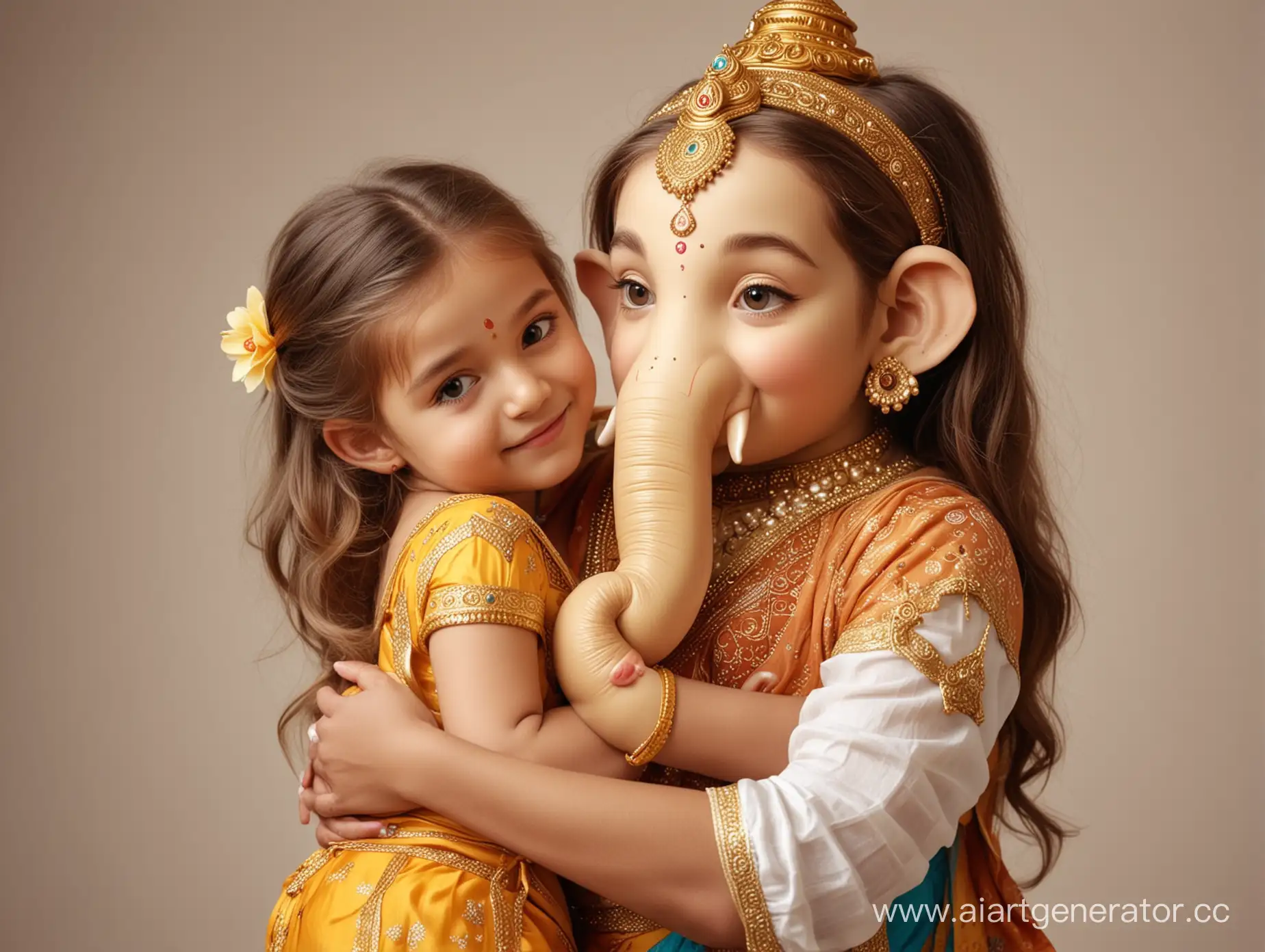 The girl hugs the happy Lord Ganesha from behind. Professional photo 4k
