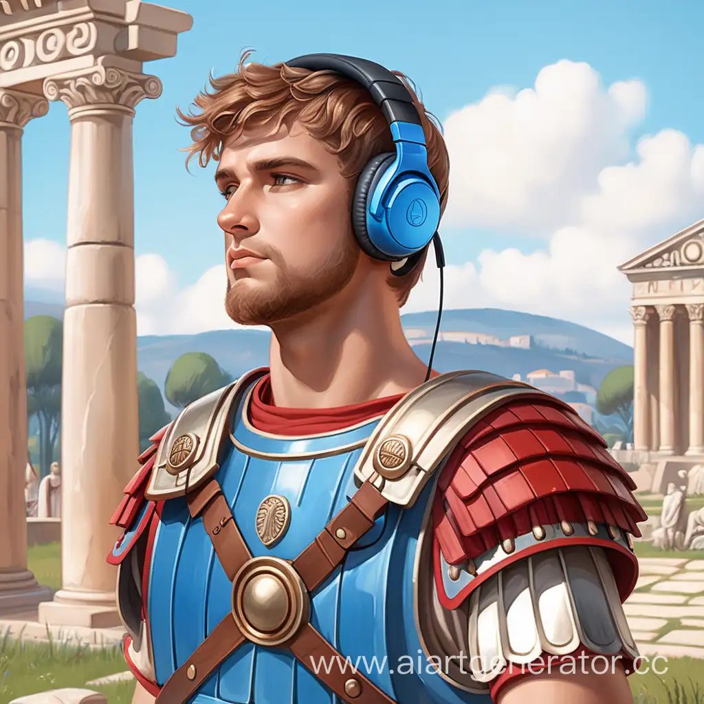 Create an avatar, Young Roman legionary, average build, light brown hair short beard, wearing Roman armor and Roman-style wireless headphones, listening to music, with a wistful look, a Roman villa in the background, Roman blue and red, lofi aesthetics, precise linework, medium view, 