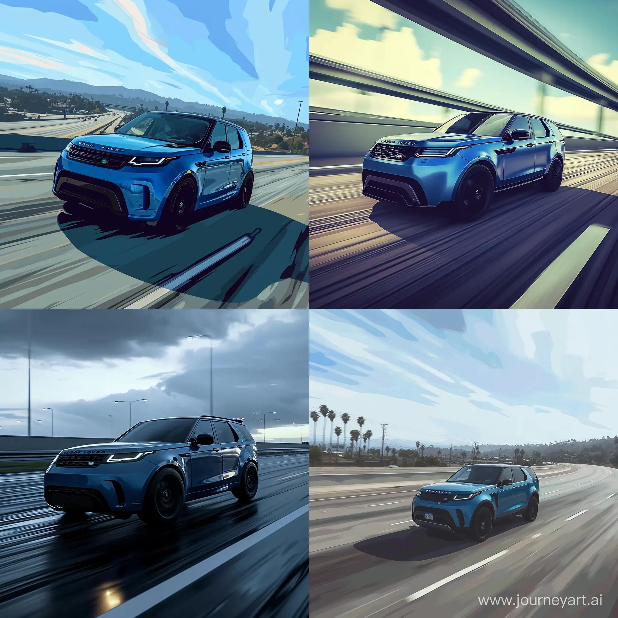 Cinematic-GTA-Style-Illustration-of-Blue-Landrover-Discovery-2023-on-Highway