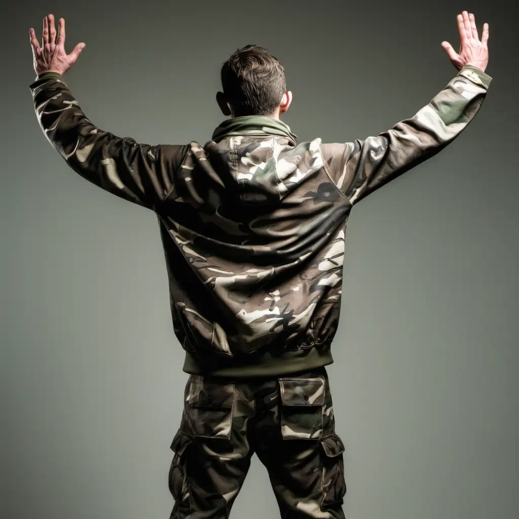 man reaching up with both hand, in camouflage clothing, with back towards viewer, black had  