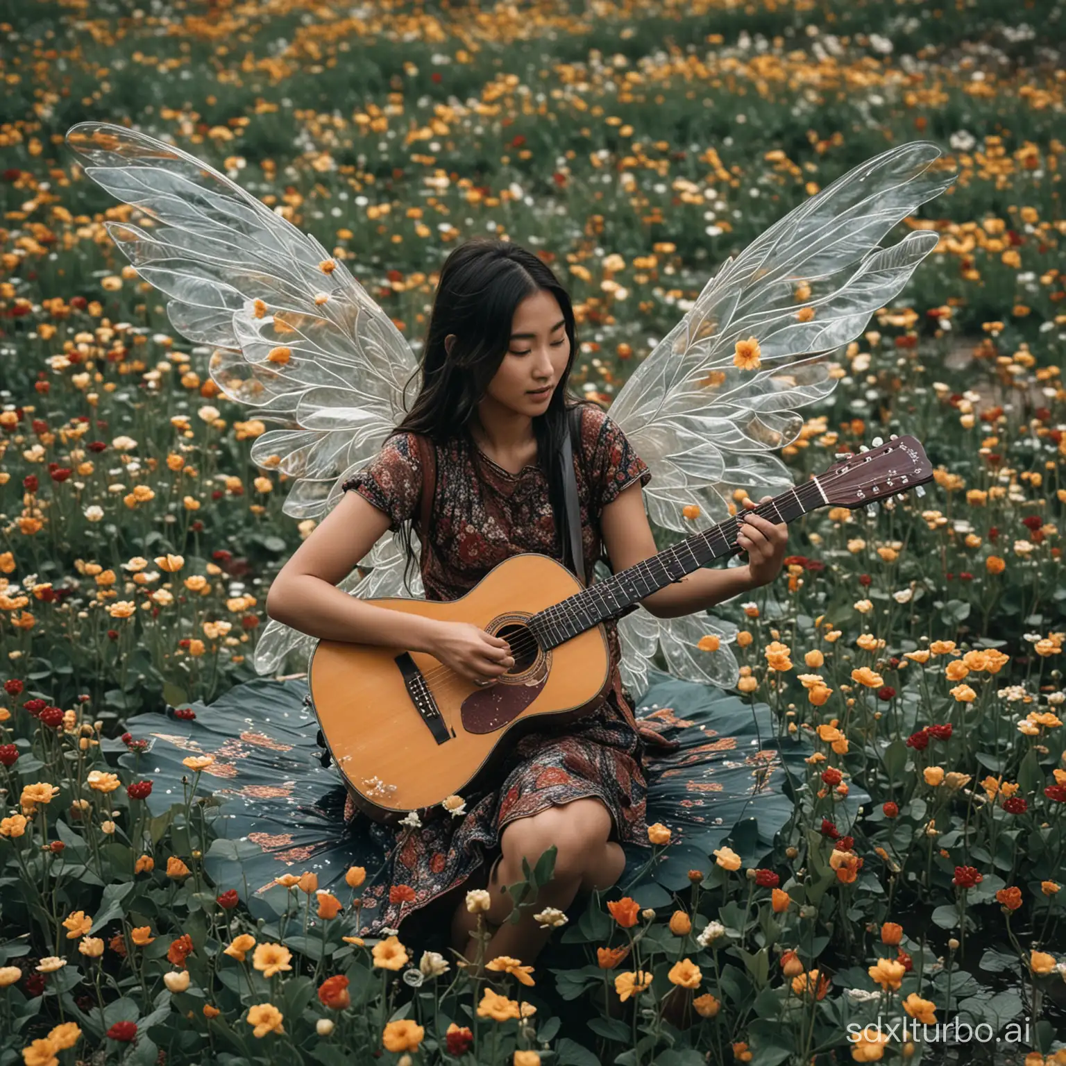 A girl floats in a sea of Tibetan flowers, playing the guitar, with a pair of transparent wings on her back.