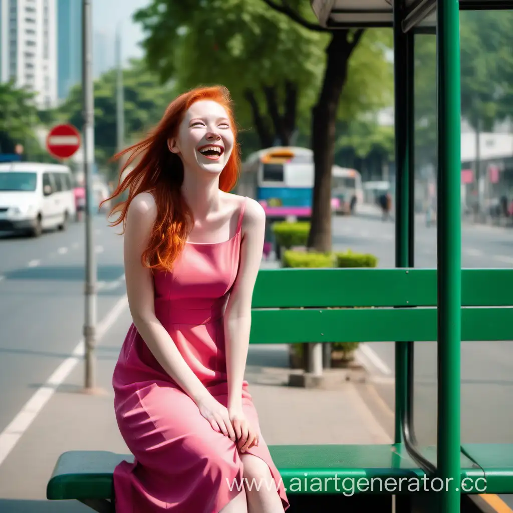 high definition digital photo, grey city buildings background,    a tall attractive red head girl wearing  klong pink dress ,  laughing, standing at a bus stop, smiling, with a green bench, it is a hot sunny day, wide