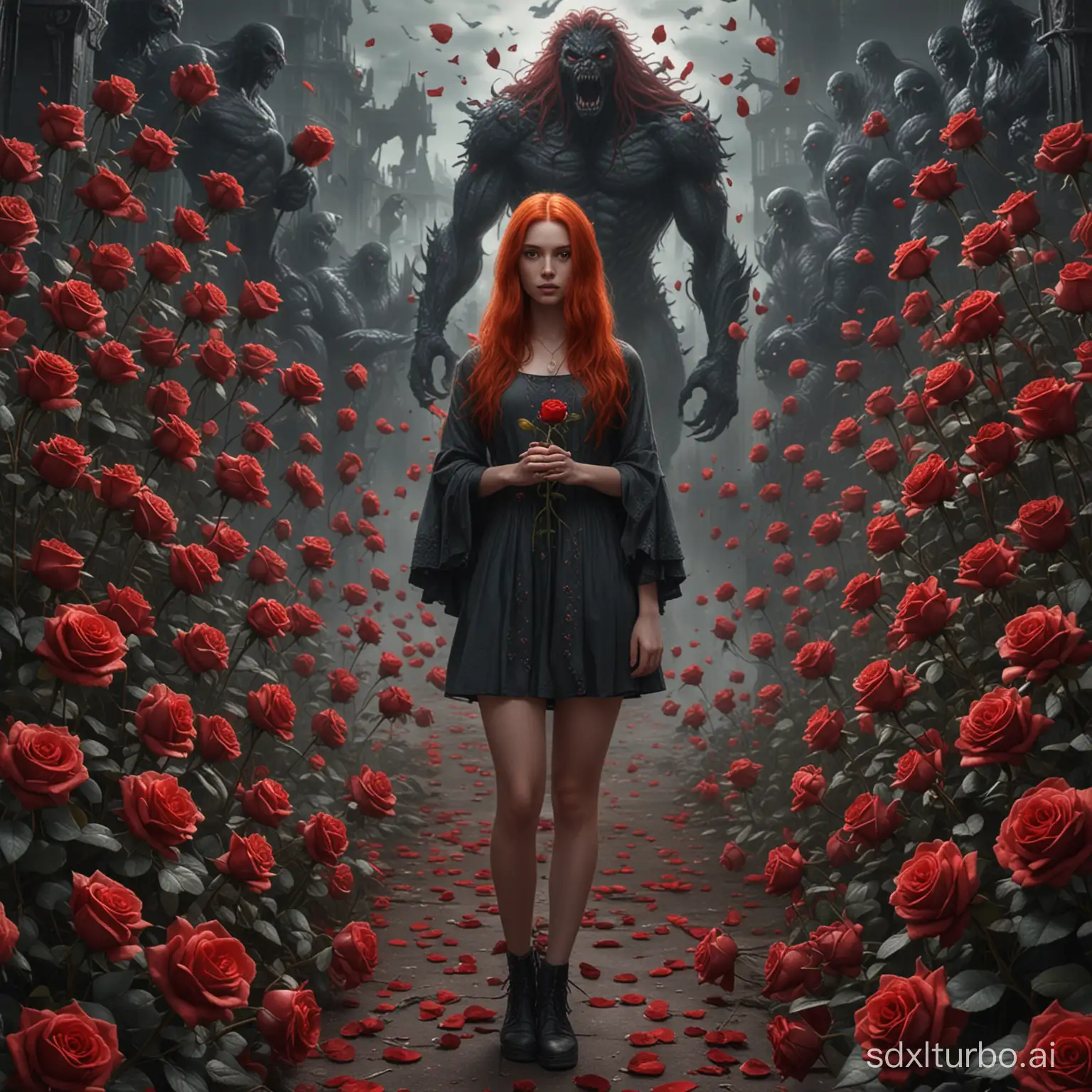 The girl with long red hair holds 101 roses in her hands. The girl stands against a backdrop of monsters in a realistic style.