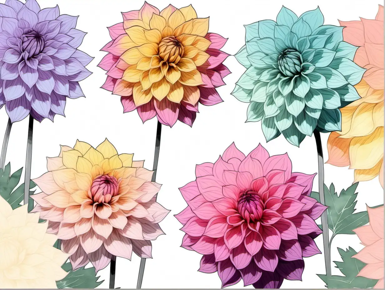 Andy Warhol Inspired Pastel Watercolor Dahlia Flowers Clipart