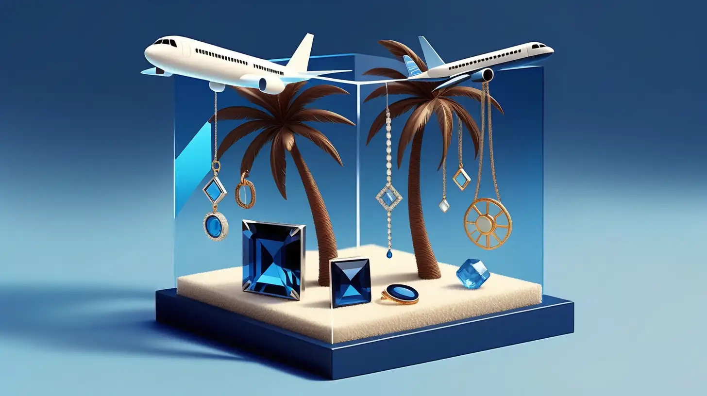 transparant blue square 

inside the square there are different objects like: palm tree, airplane, jewellery, expensive coat. 

The items need to be inside the transparant square. The square is transparant and needs to have a slight dark blue color. The background of the whole image needs to be dark blue . Everything needs to fit inside the square and not get outside the image