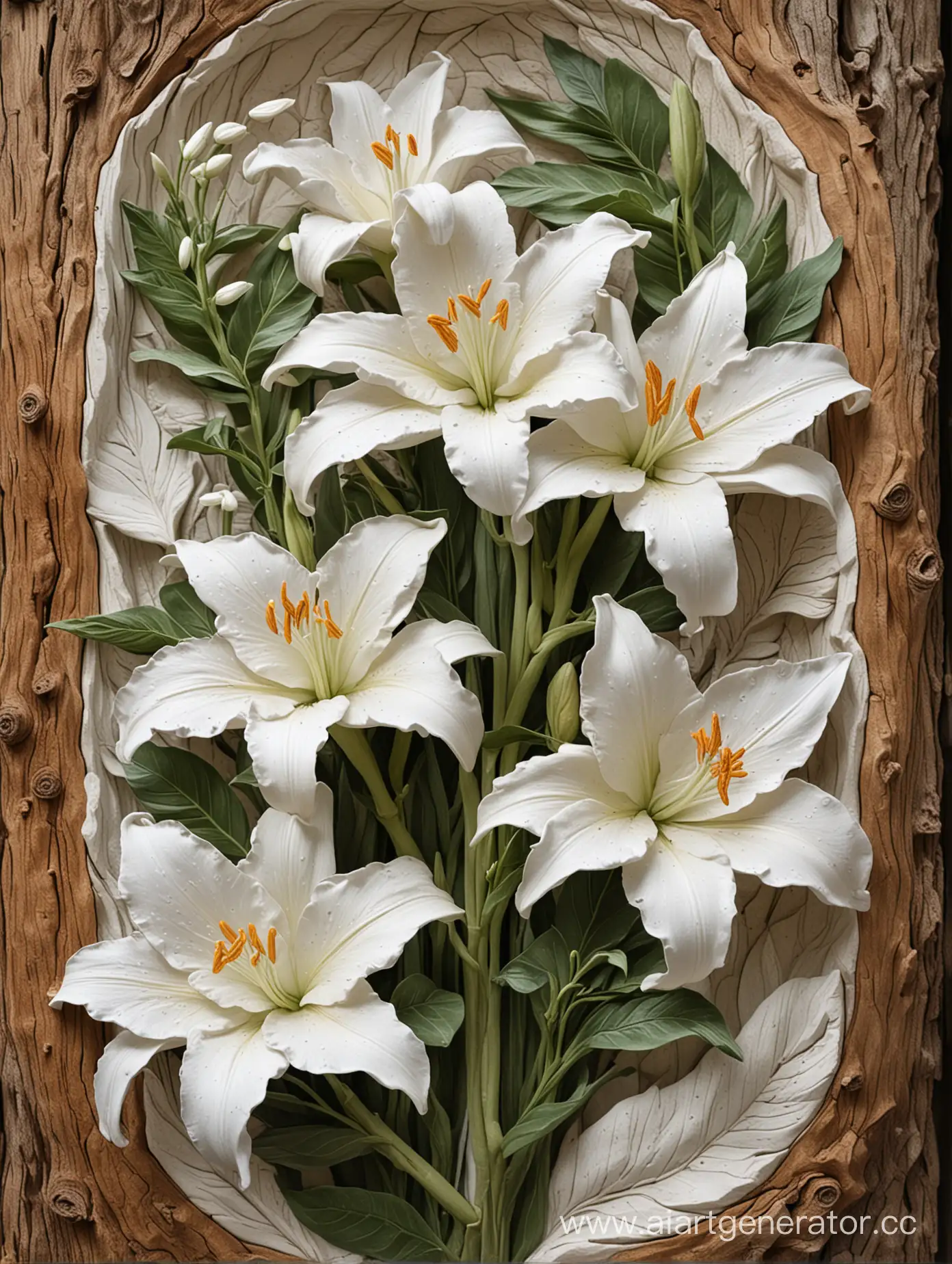 White-BasRelief-Sculpture-of-Stone-Lilies-on-Old-Tree-Branch