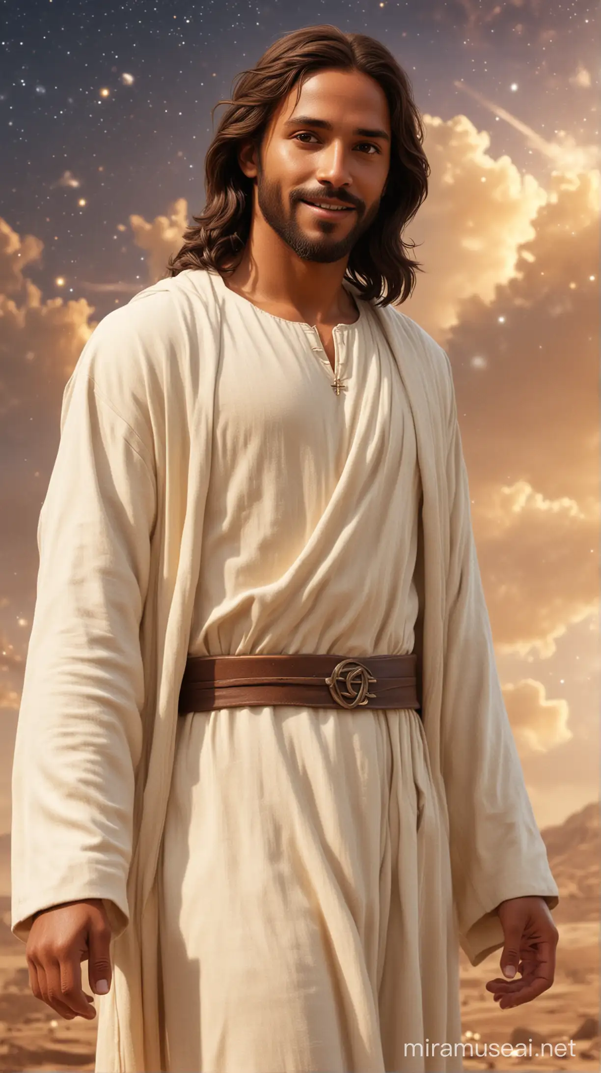 Jesus in cream colour clothes, brown skin, slightly smiling, detailed and realistic, universe in the background 