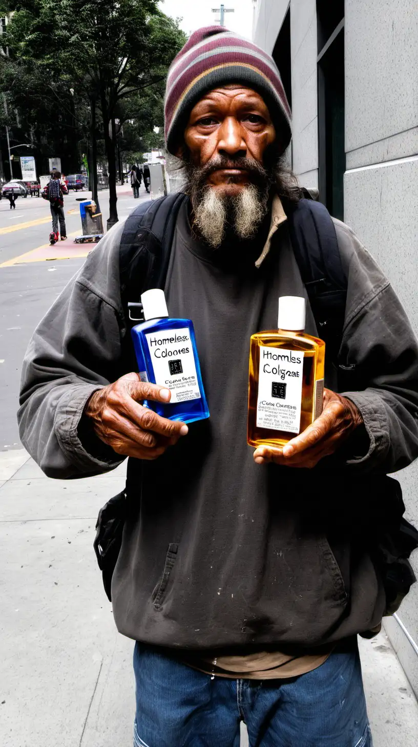 homeless guy holding colognes 
