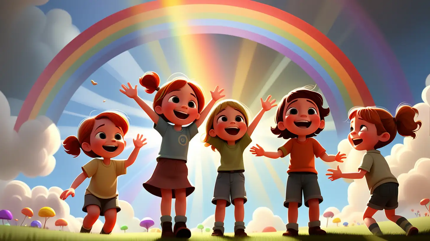 Joyful Children Playing in PixarStyle Sunshine with a Symbolic Rainbow