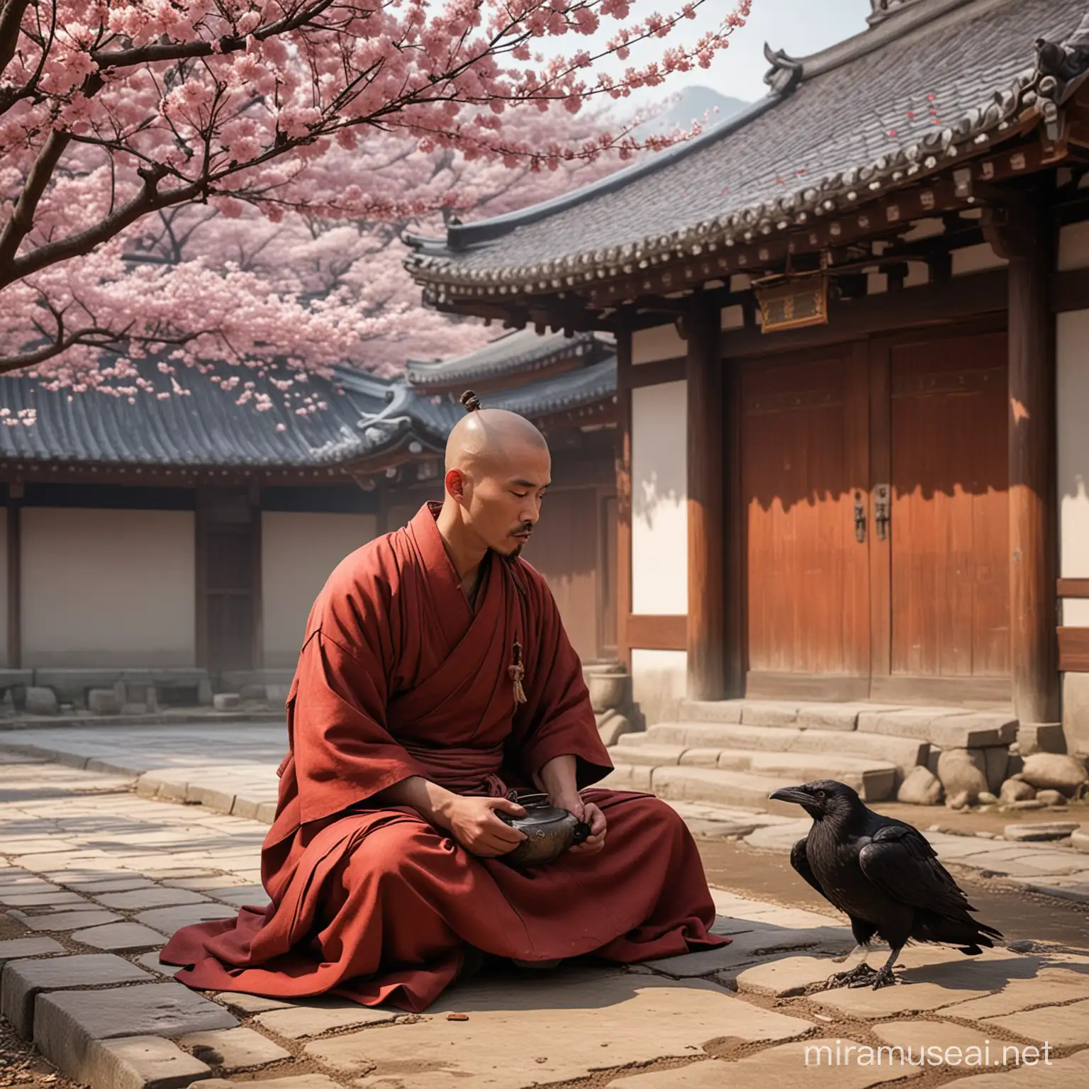 Monk Feeding Raven in Traditional Japanese Temple