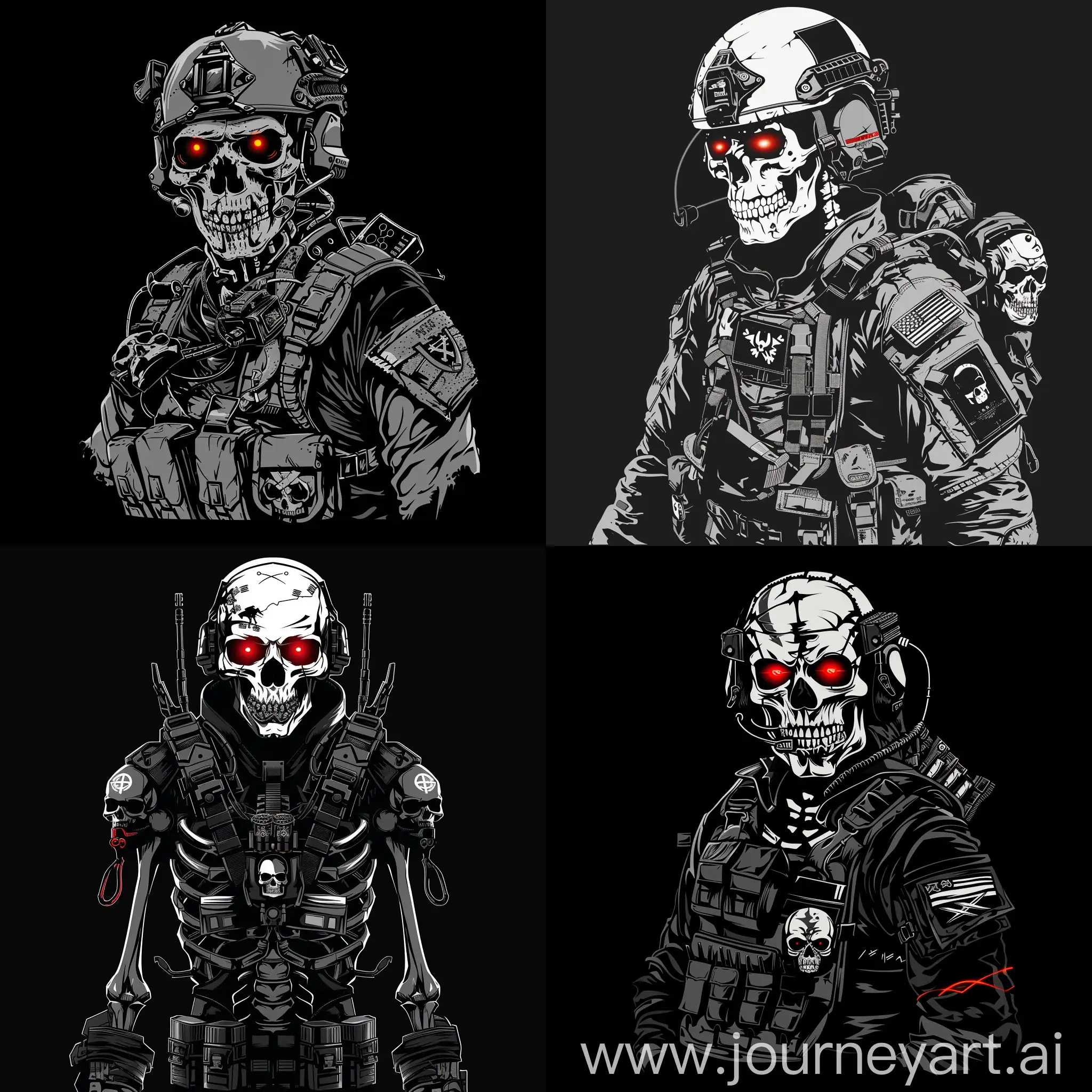 5 undead soldier look like a skeleton with modern military equipment, logo, glowing red eyes, skulls, black and white, black background