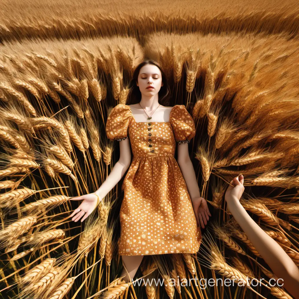 поле пшеницы, вид сверху, лежит девушка в ситцевом платье, в руках держит колосок