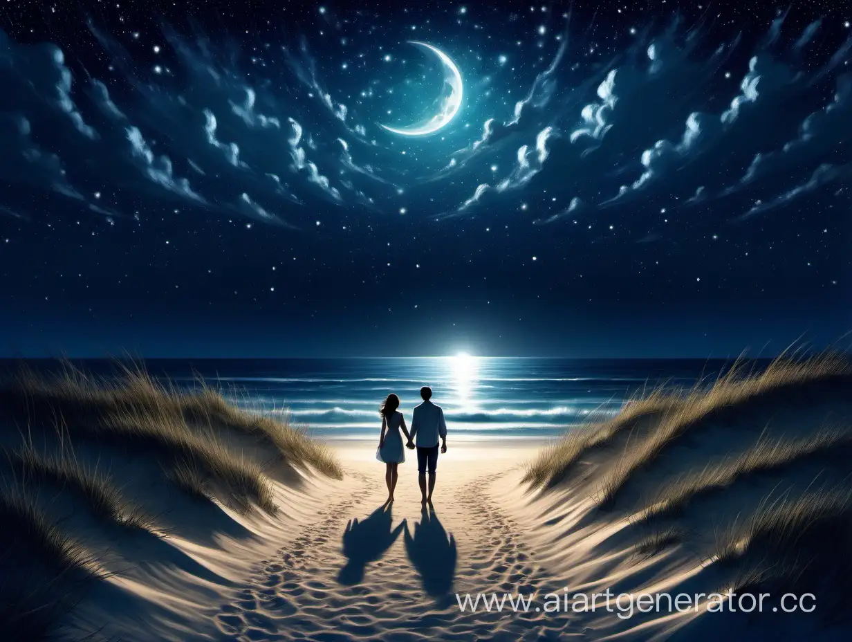 полночь, звездное небо, пляж, влюбленная парочка, вид сзади, лунная дорожка