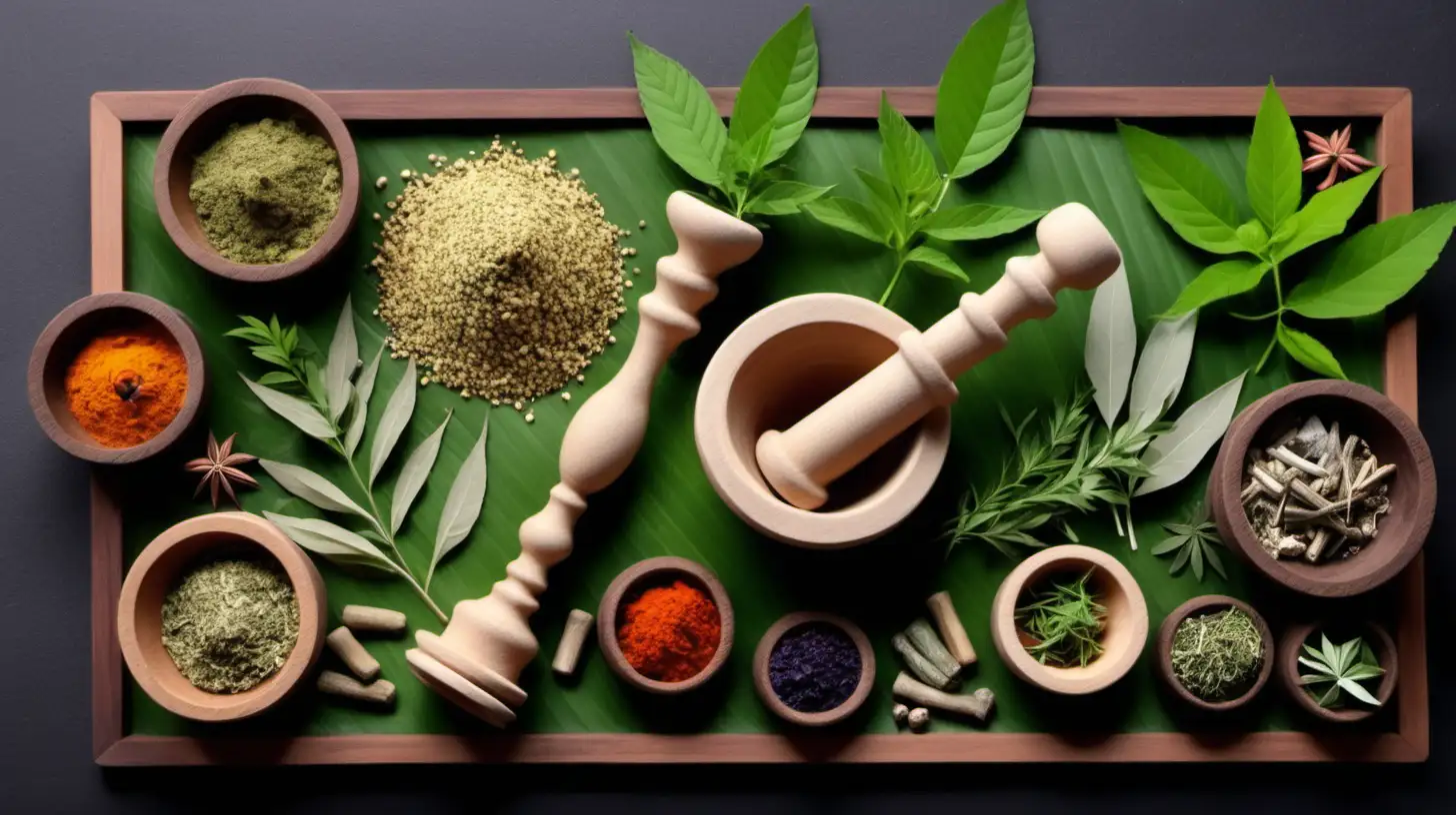 generate a banner for Ayurvedic medicine setup for Facebook with some herbs pestle mortar and other Ayurvedic elements