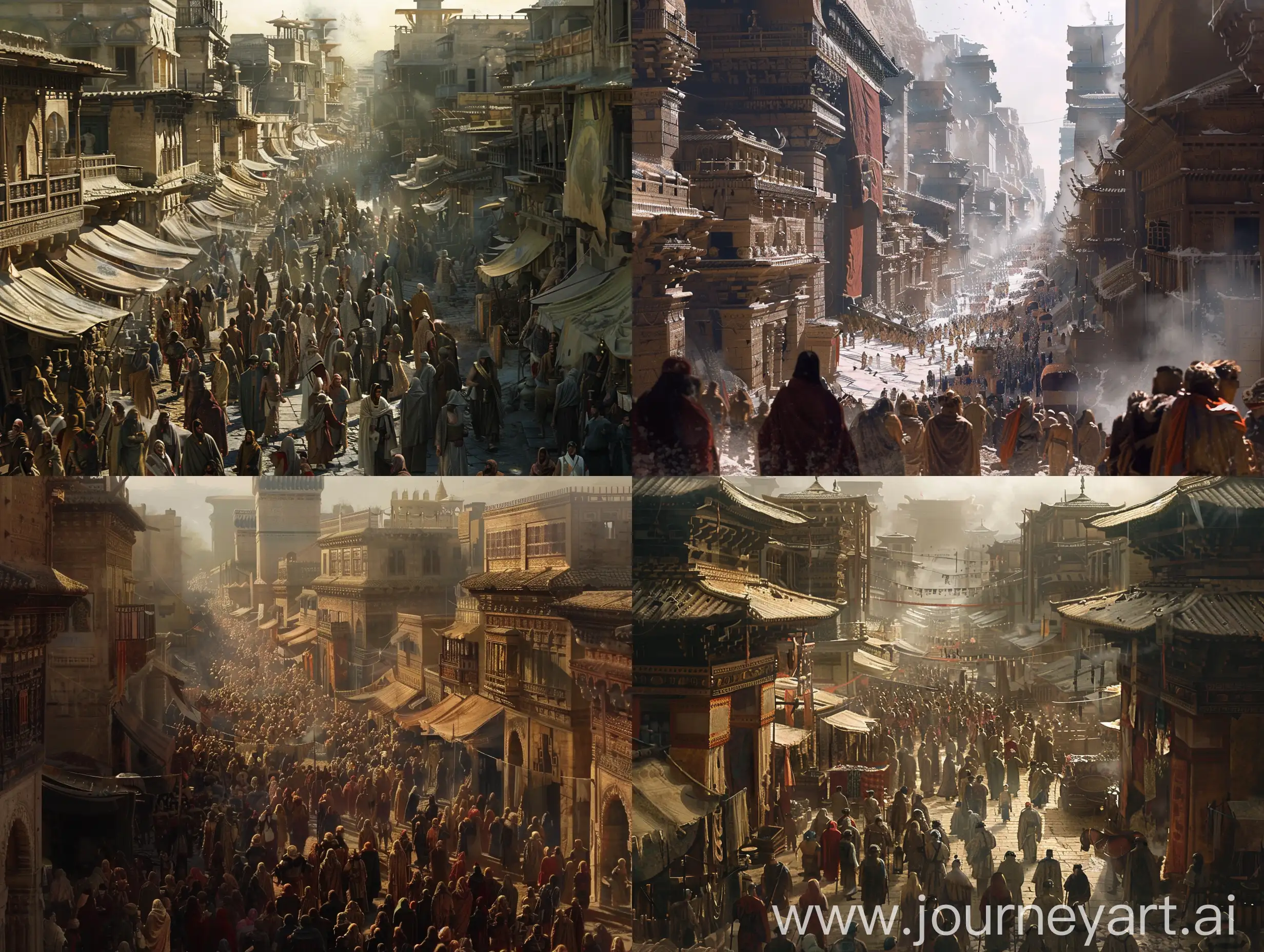 crowded bronze age city street, steppe biome, architecture like Shang Dynasty and Indus Valley Civilisation and Mesoamerican Civilization and Aegean Civilization and Mesopotamia, 19th century academic realist painting, matte painting, concept art, horror, apocalyptic, ominous, stygian, gloaming, caliginous, somber, grim