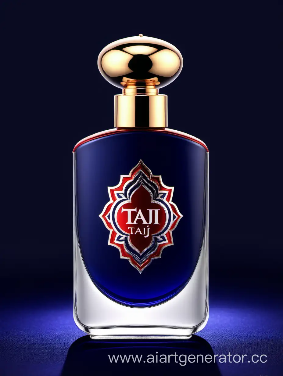 A luxurious Dark Blue Red and white double layers perfume with an elegant zamac cop ((taj text logo))