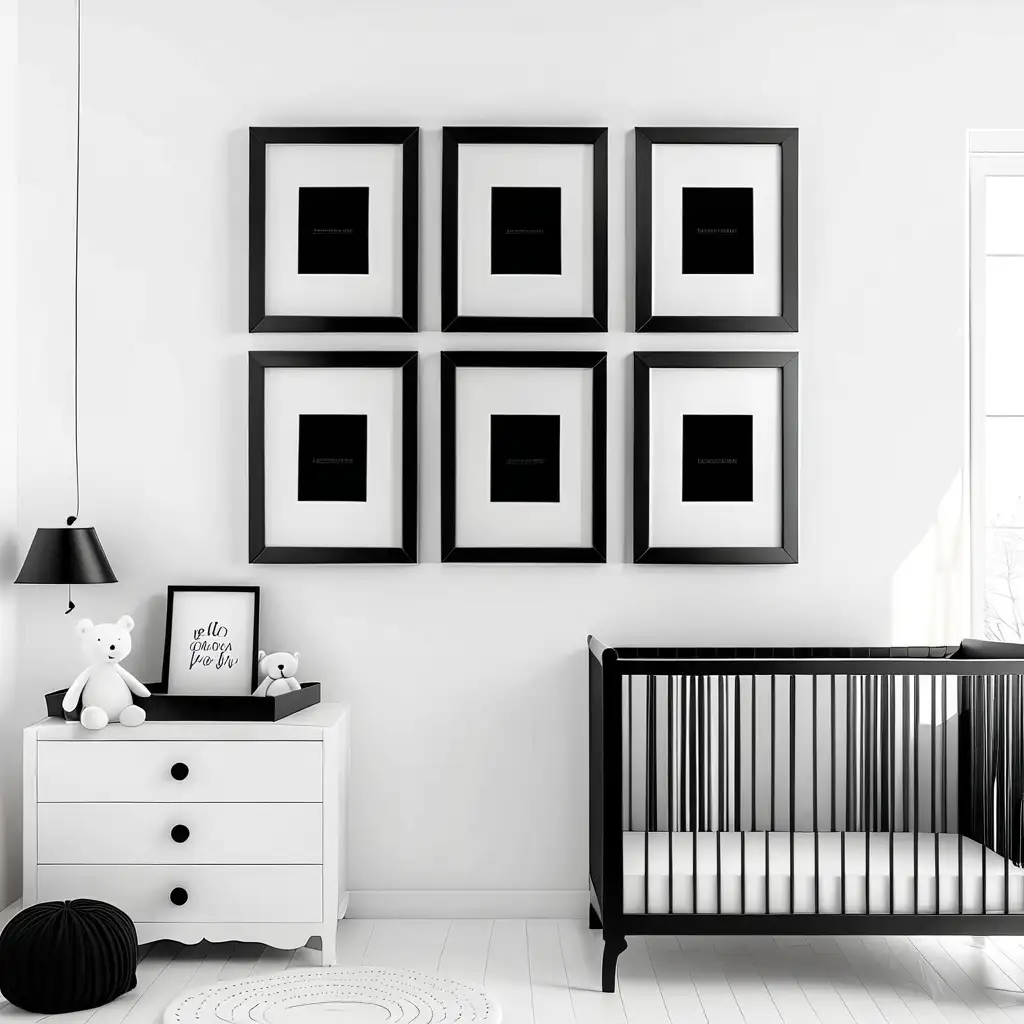 Elegant White Nursery Room Mockup with Black Photo Frames