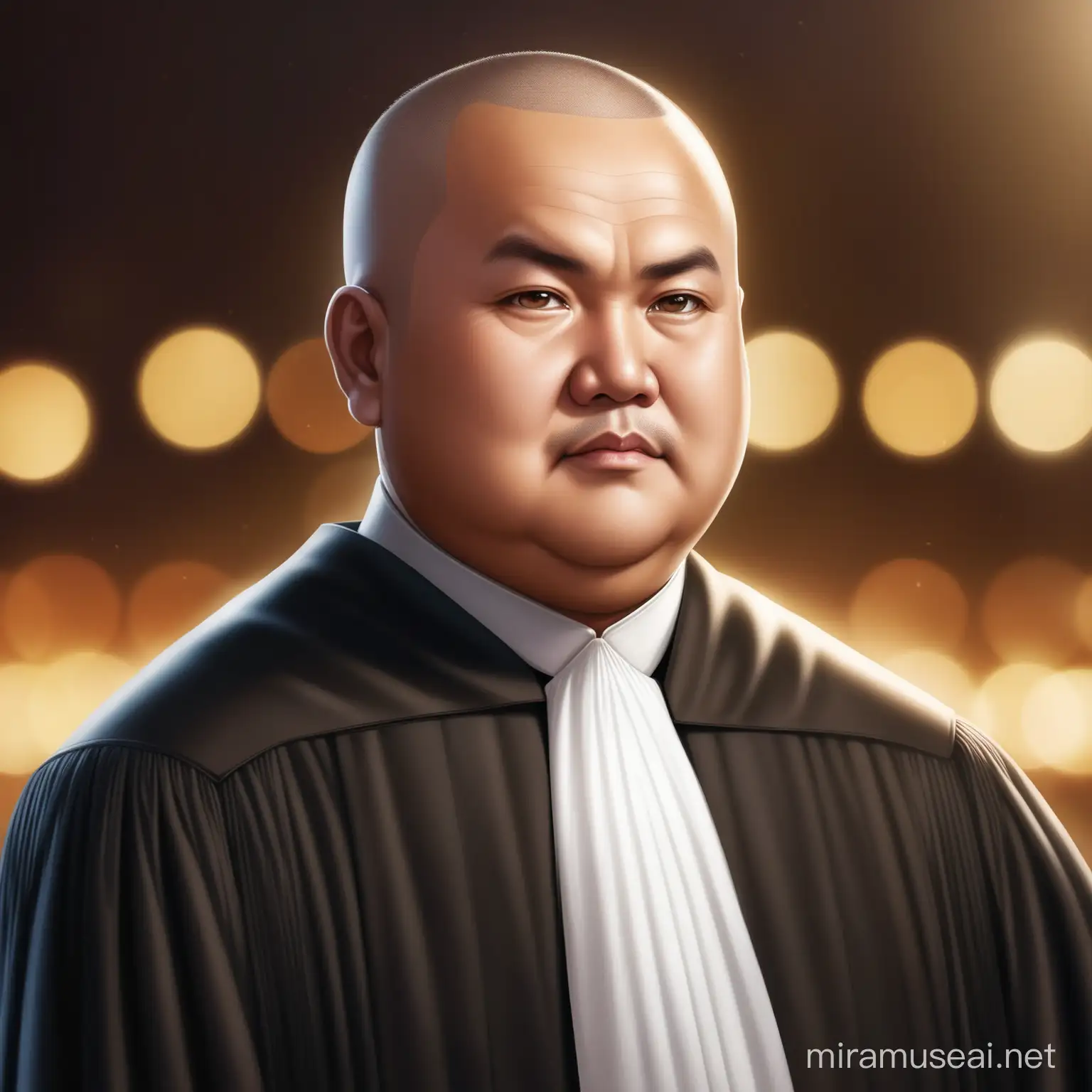 realistis. Seorang pria indonesia umur 50 tahun, tubuh chubby, model rambut buzz cut, kening lebar, berpakaian seperti hakim Mahkamah Agung, tubuh terlihat keseluruhan. HD, bokeh