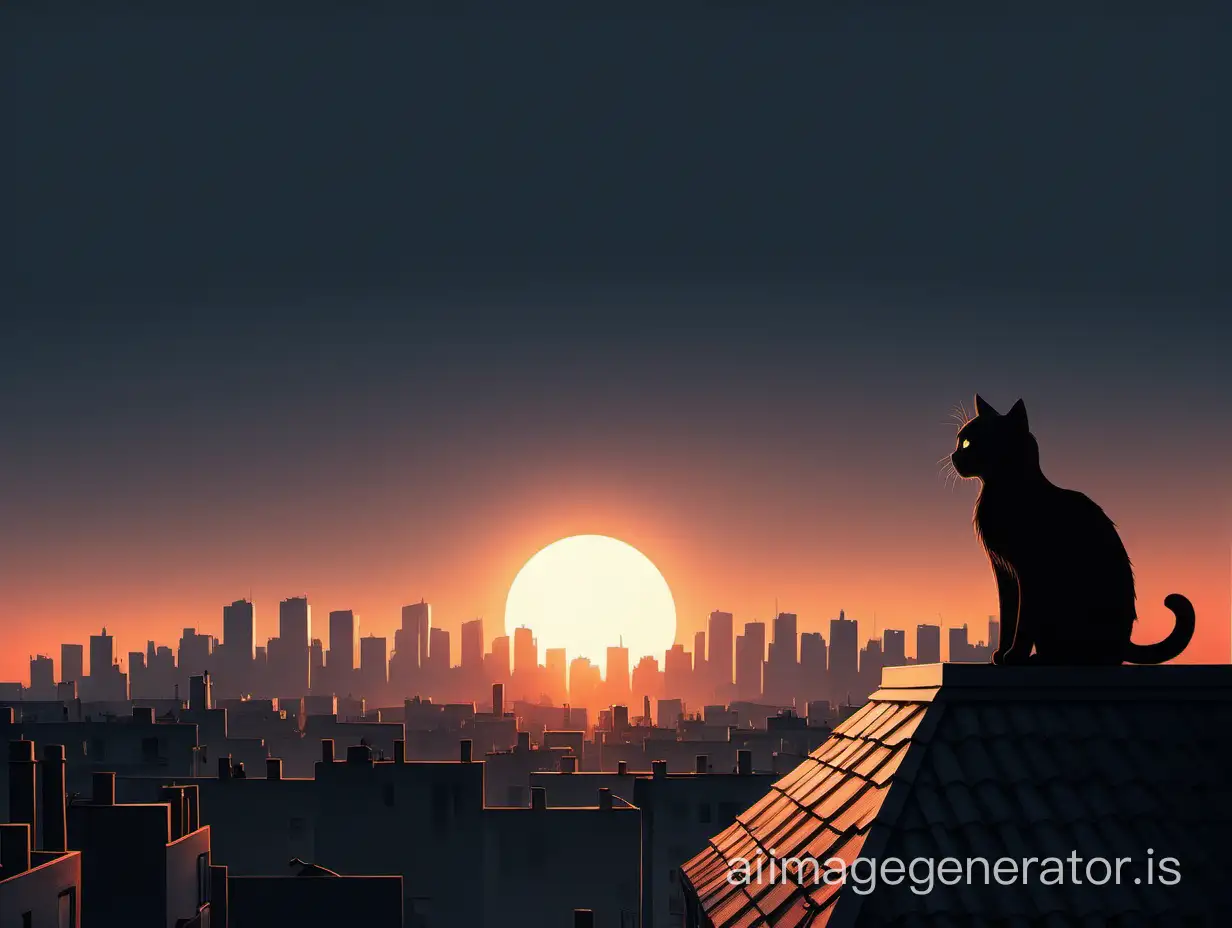 a minimal scene with the sun at dawn a black cat on the rooftops of a city
