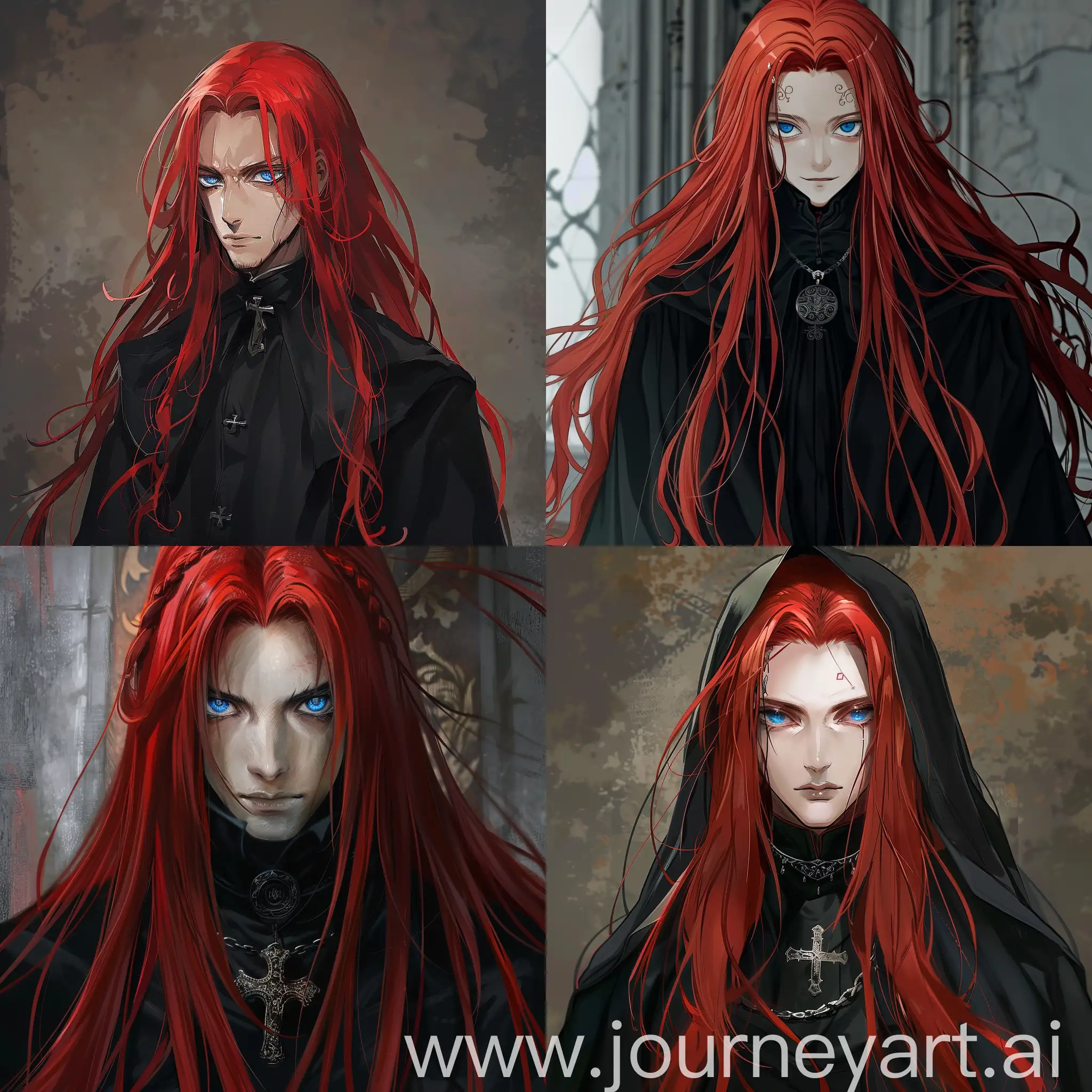 An ArkhangeL with long red hair and blue eyes wearing black priest clothes