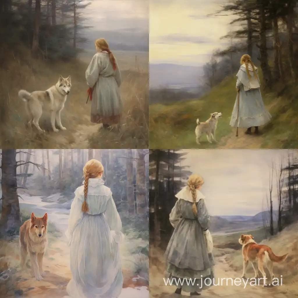 Mystical-Winter-Stroll-Blonde-Peasant-Girl-and-Siberian-Husky-in-Contrasting-Forests