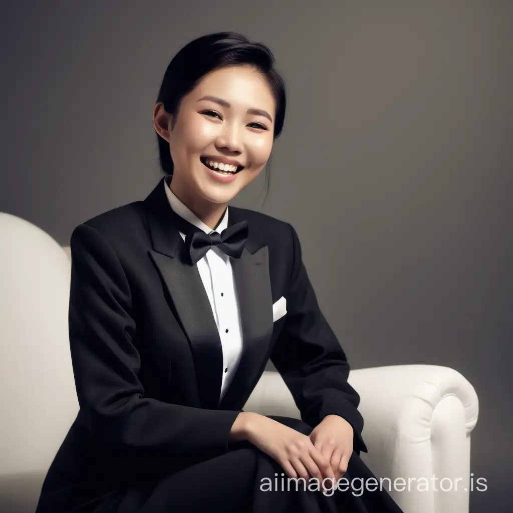 smiling and laughing asian woman wearing a tuxedo, seated