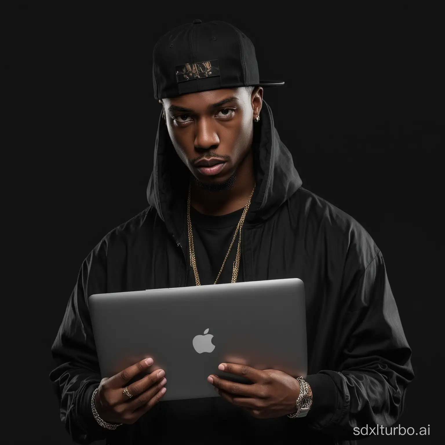 a rapper which is also a designer with a macbook, black background