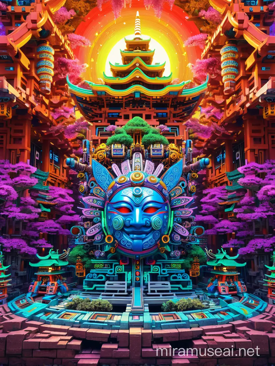 Psychedelic Visionary World HyperDetailed Japanese Mask Forest with Robotic Elements
