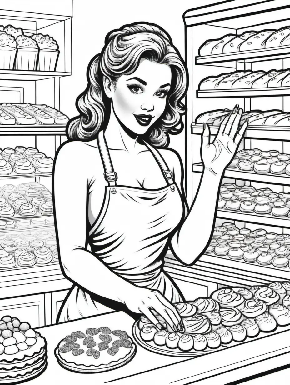 Bakery Pinup Coloring Page for Adults with Exquisite Hand Detailing