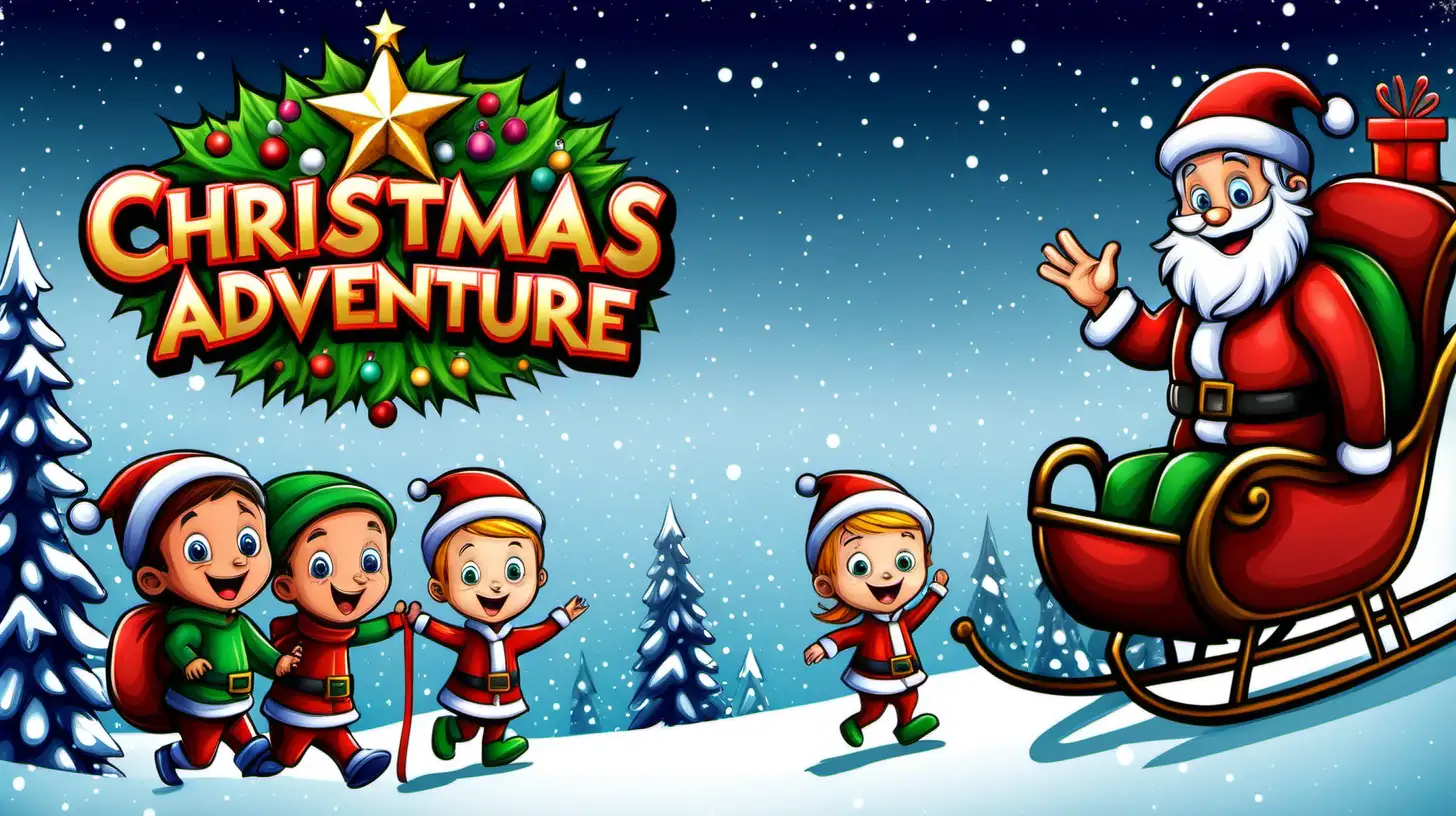 design a cartoon childrens book cover. title "Christmas Adventure"