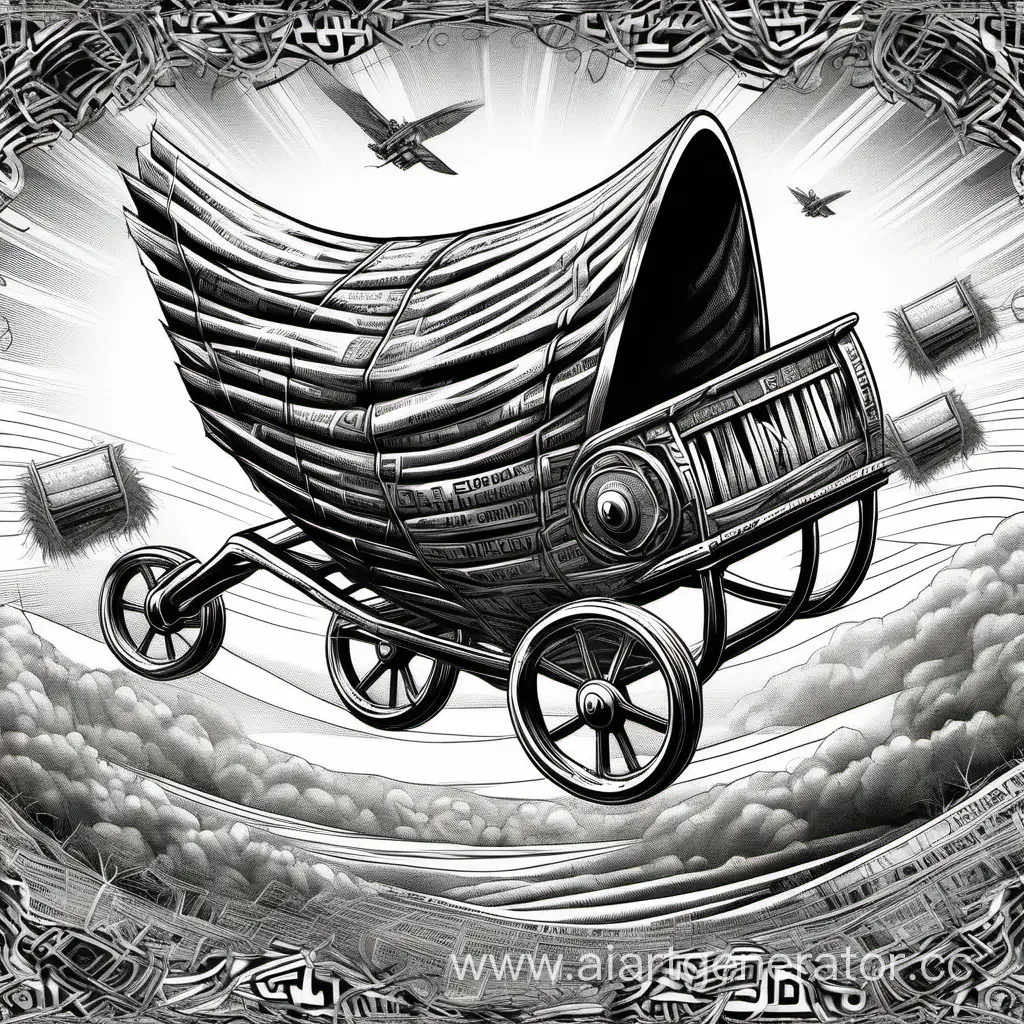 Летающая футуристичная телега с сеном древней руси в стиле газетной графики ЧБ
