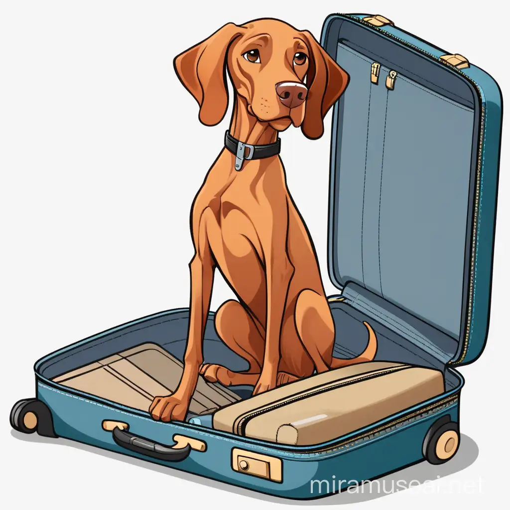 Cheerful Cartoon Vizsla Packing a Colorful Suitcase