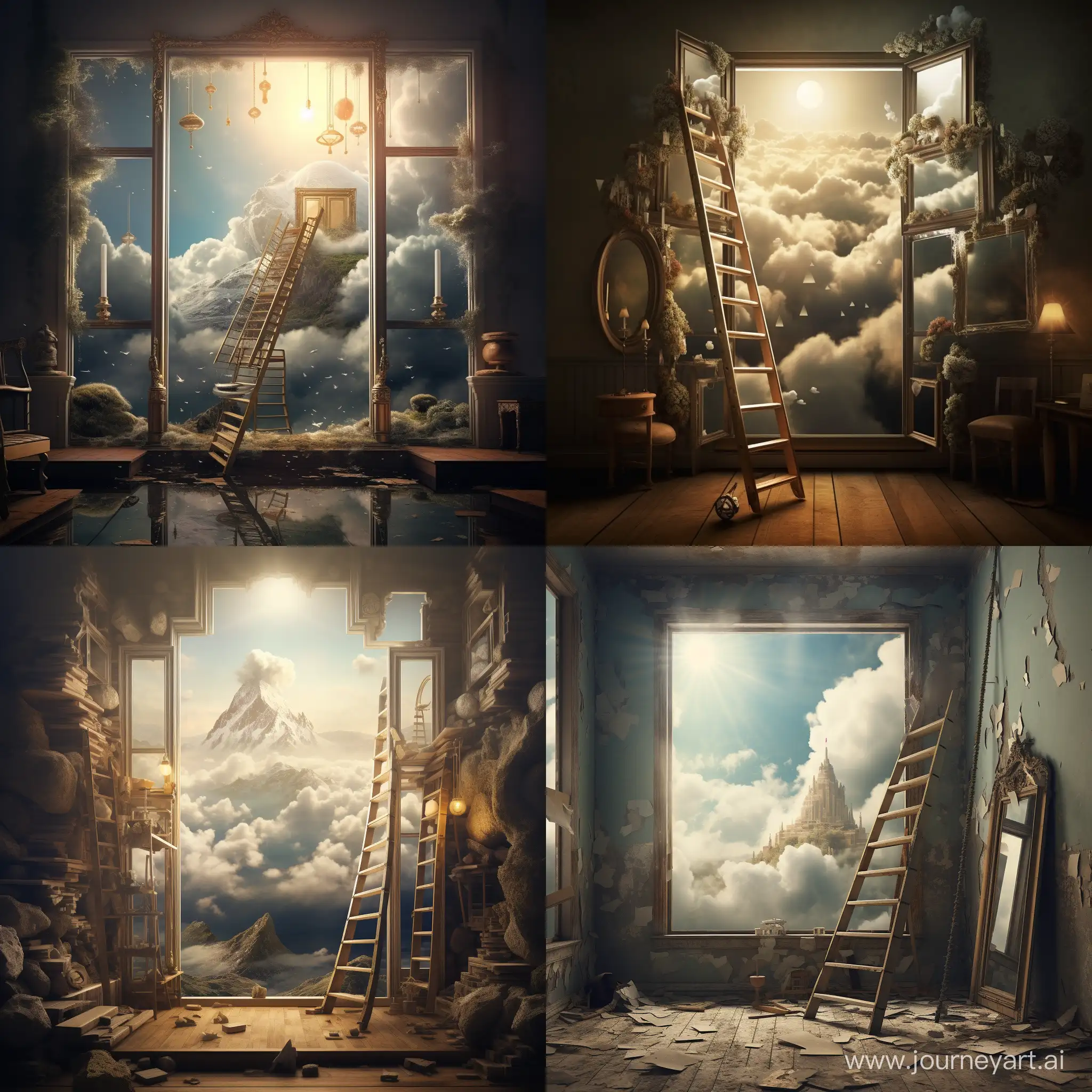 Enchanting-Surreal-World-Window-Mirror-Crown-and-Ladder-Art