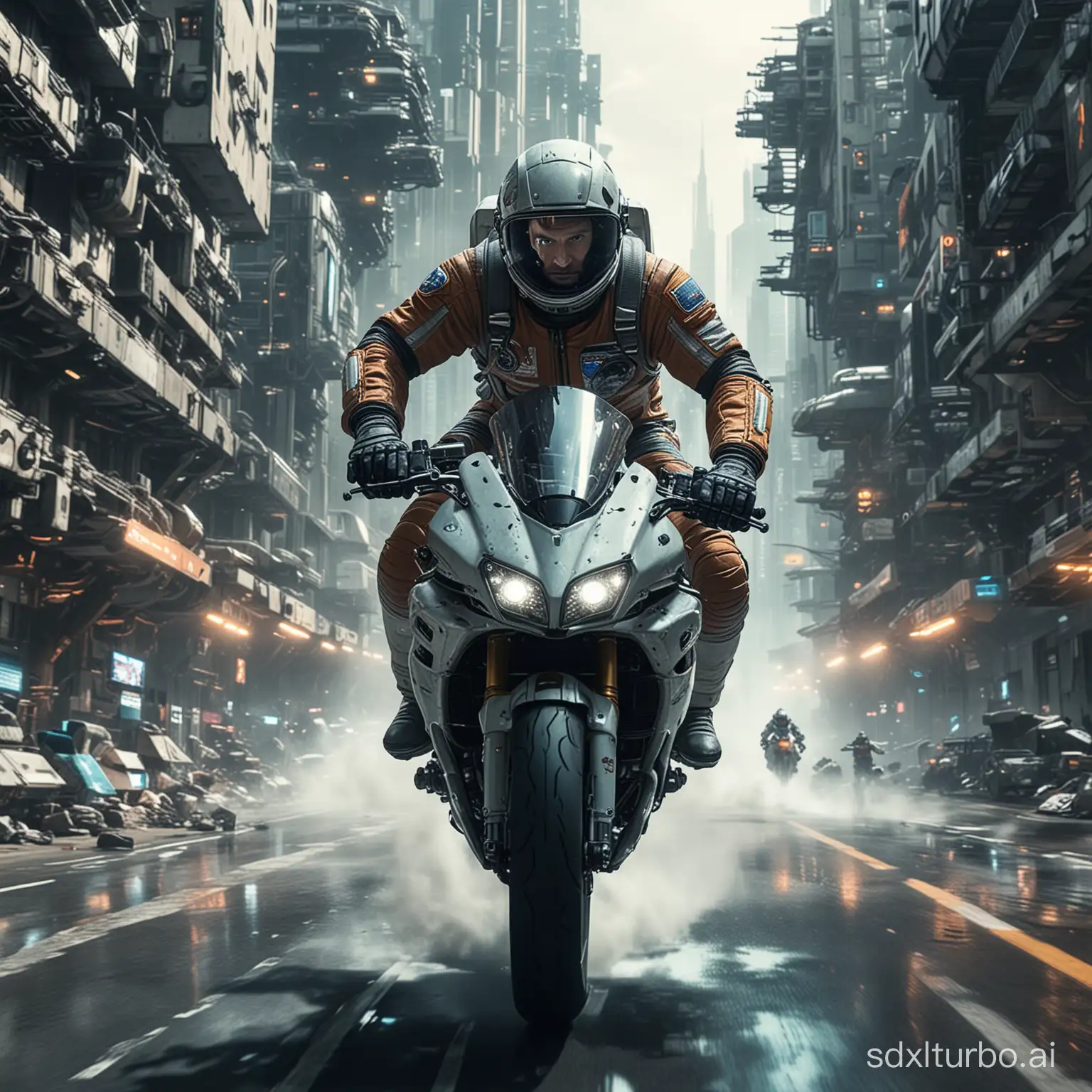 An astronaut is racing on a motorcycle through a futuristic city