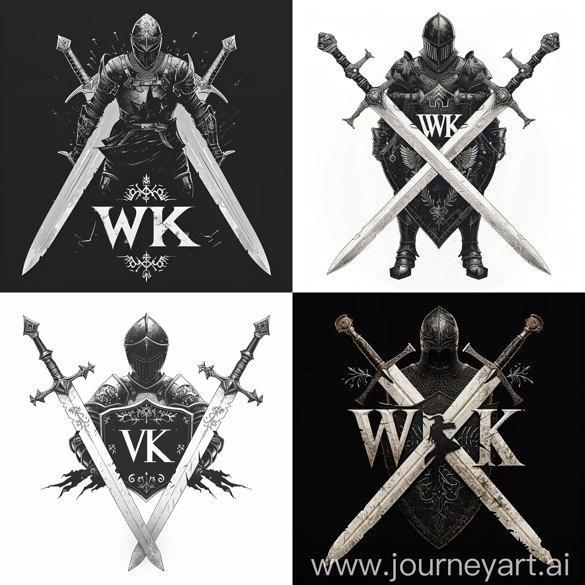 логотип "WK", где буквы "WK" стилизованы в форме двух переплетающихся мечей с орнаментами на лезвиях, белые мечи, между мечами изображен черный рыцарь в боевой позе держащий в руках щит и меч, рыцарь представлен в доспехах с символикой, отражающей его мощь и благородство, цветовая гамма белый мечи, черный рыцаря, готический шрифт "WK" в форме мечей, --quality 3 --s 300