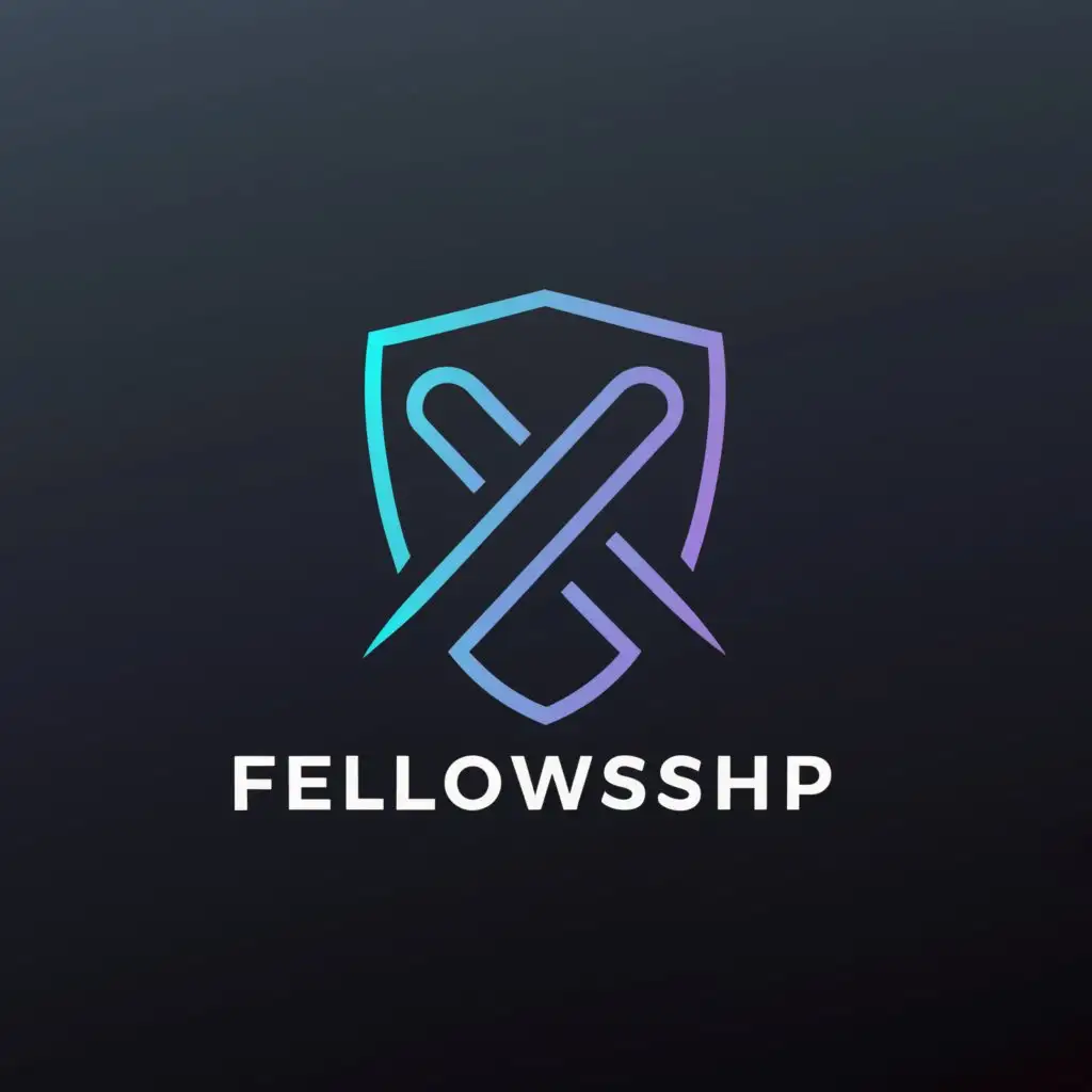 a logo design,with the text "Fellowship", main symbol:A shield and sword, blue and black colors, with the text: "Fellowship",Minimalistic,be used in Technology industry,clear background