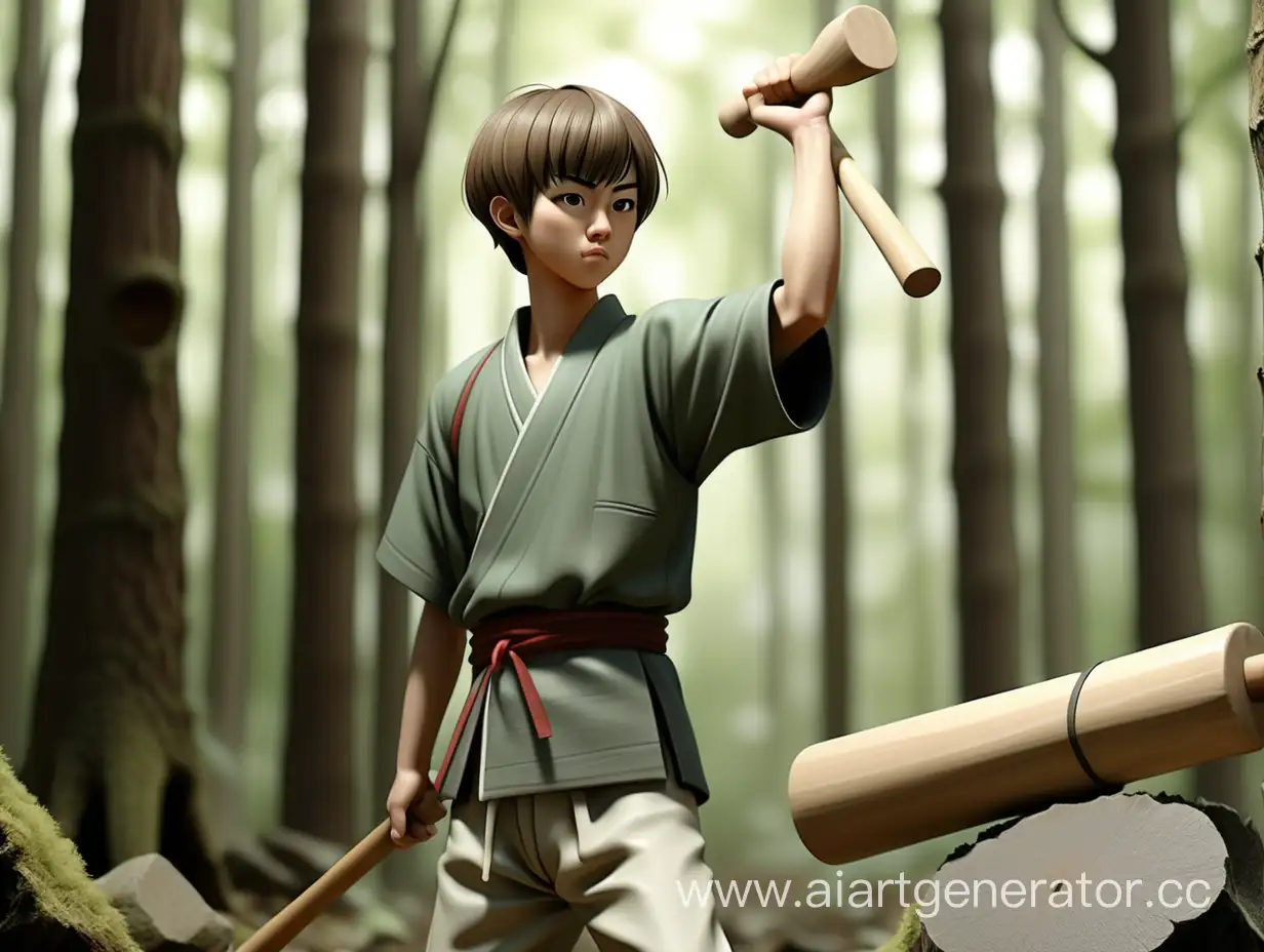 японский парень 16 лет с короткой стрижкой в лесу, полный рост, с колотушкой в руке, рука поднята вверх древние времена