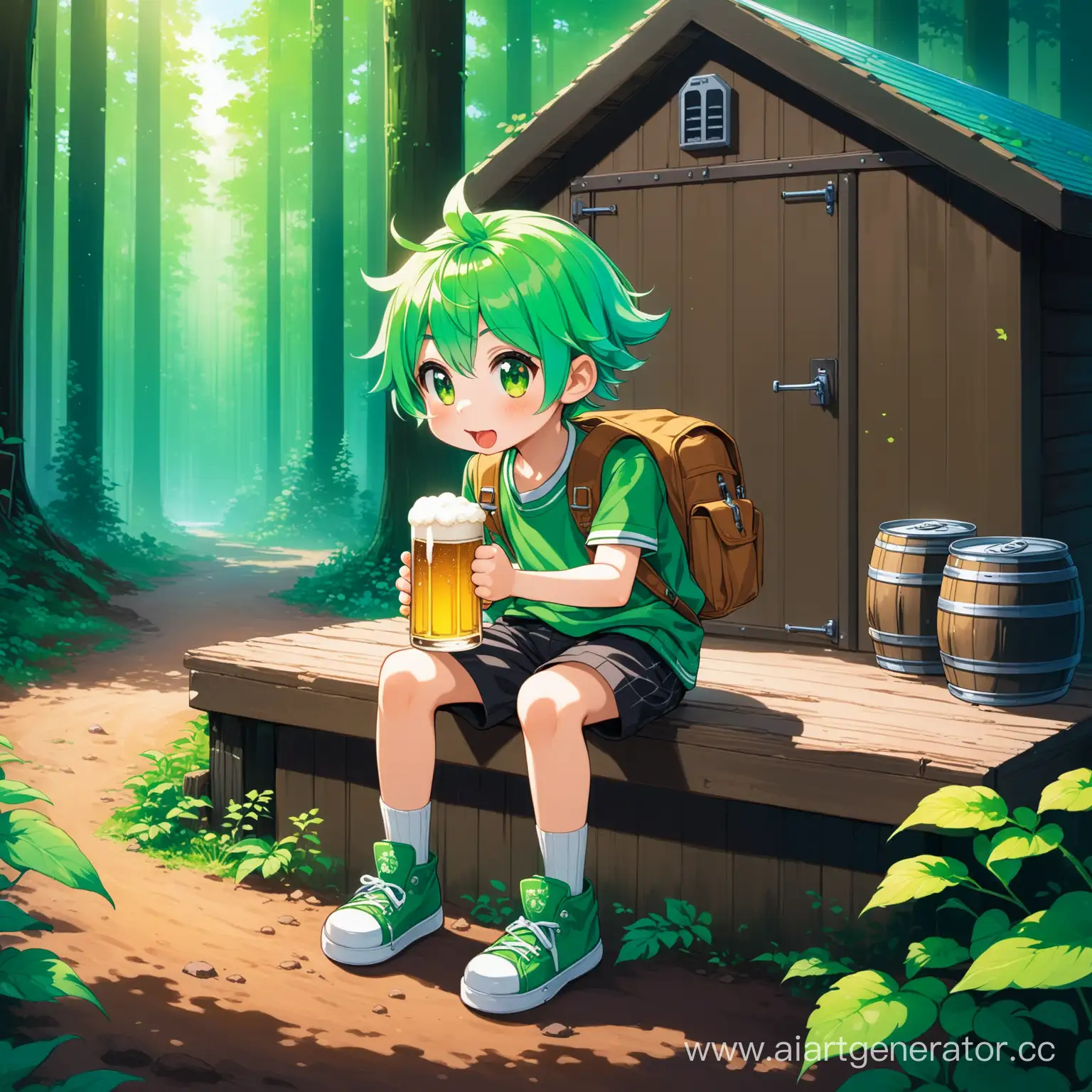 Школьник, одетый в стиле Zoomer, с зелеными волосами, сидит на заднице и пьет пиво возле гаража в глубине леса.