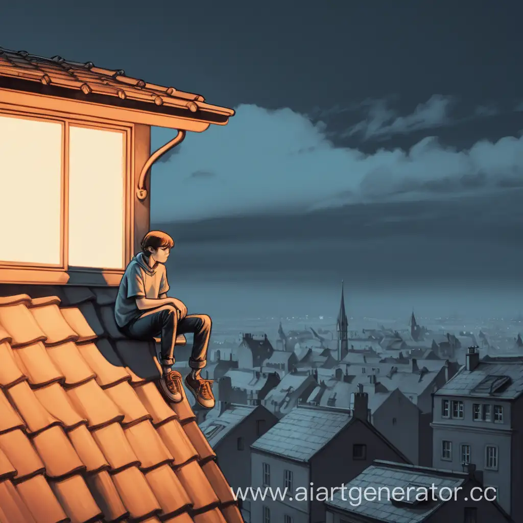 Мультяшная атмосферная картинка, человек сидит на краю крыши