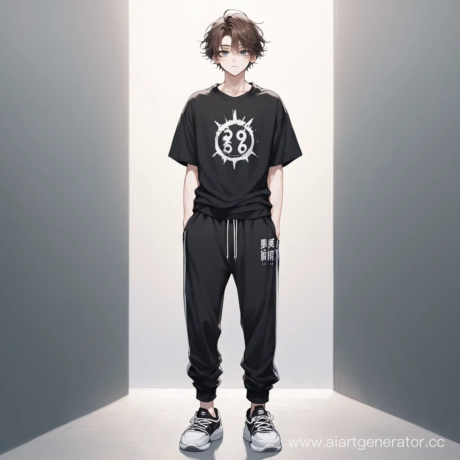 a young guy 17 years old with a height of 173 cm, a slender, fit physique, pale white skin. he has short fluffy brown hair. his eyes are gray-blue. the guy is wearing: black joggers, a black oversized T-shirt with ribs painted on it. on his feet are black and white sneakers.