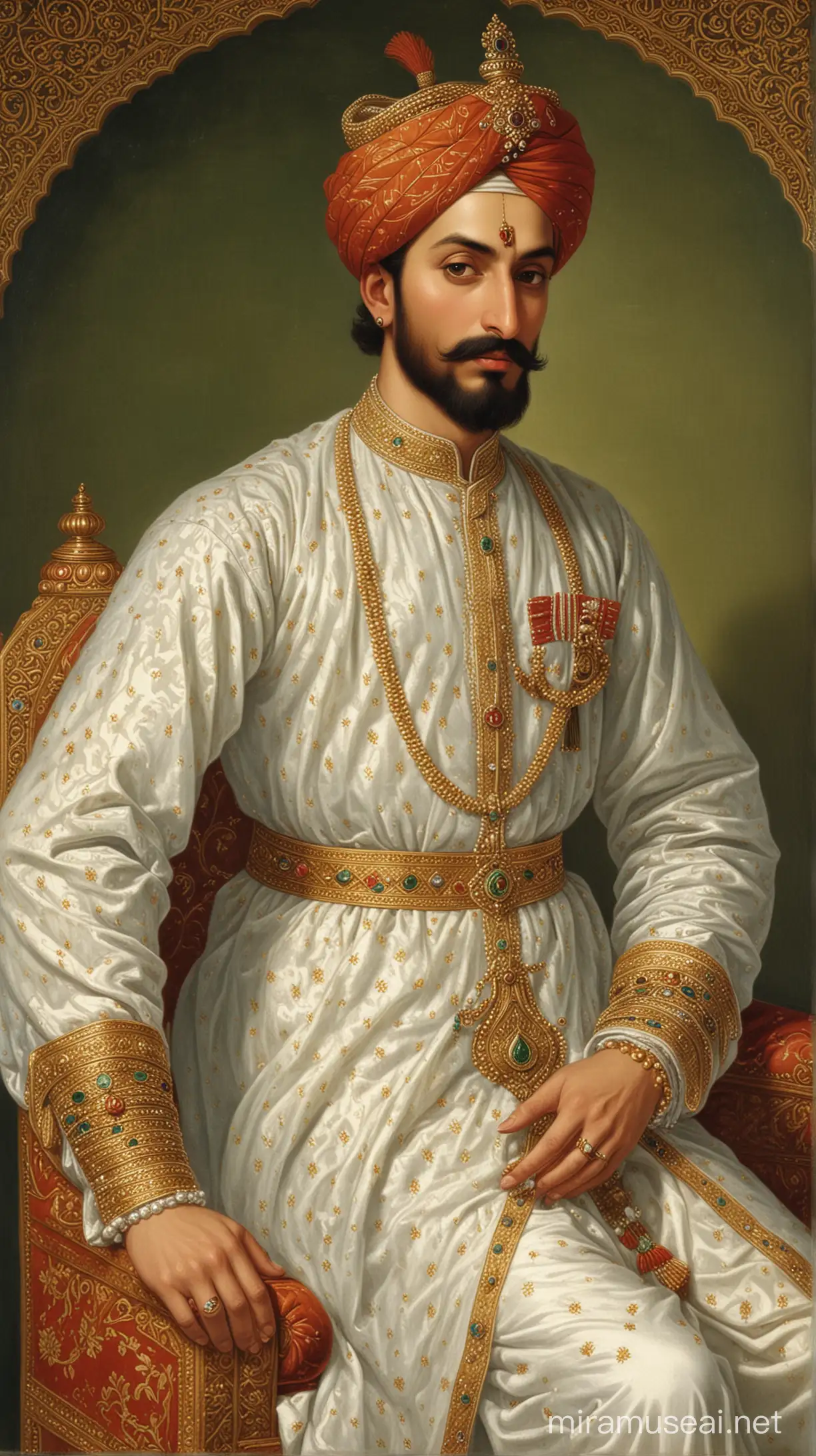 Mughal Emperor Shah Jahan in Regal Attire with Peacock Throne