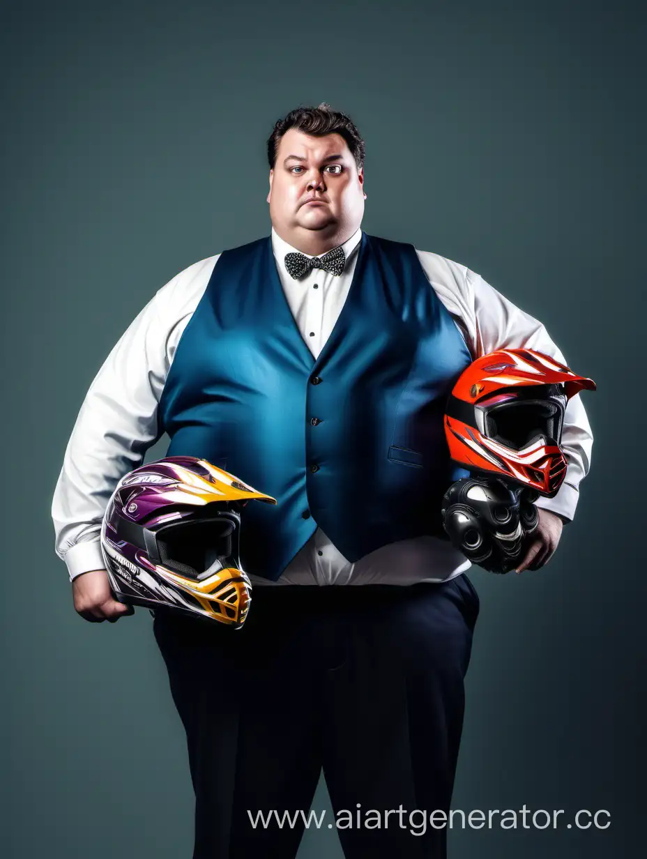 Жирный богатый мужчина с мотокроссовым шлемом в руках 