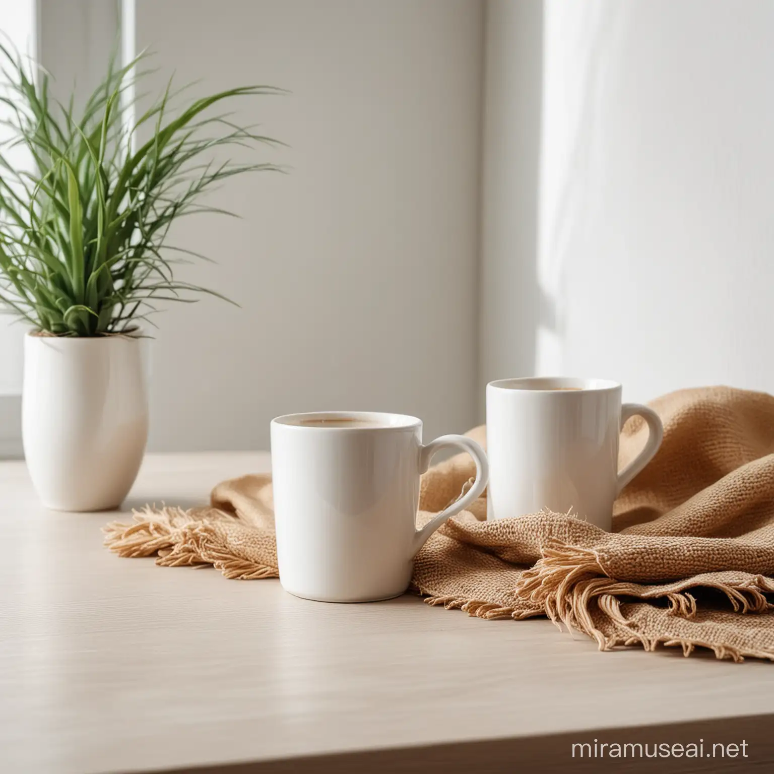 white coffee mug , minimal decor in the background summer decor

