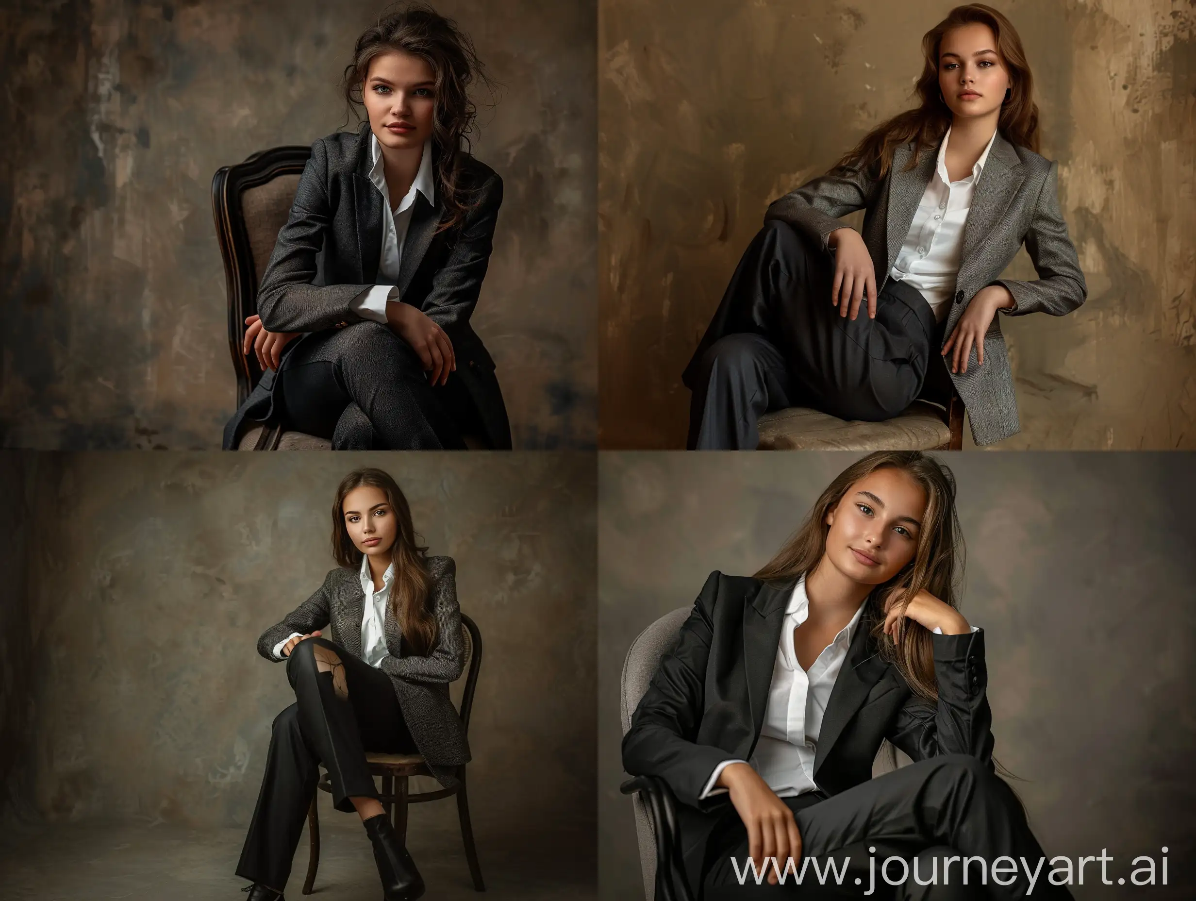 Photomodel shooting in the studio girl sitting on a chair in a beautiful pose in a classic suit looks at the camera face m light smile well and clearly visible realistic photo of good quality 