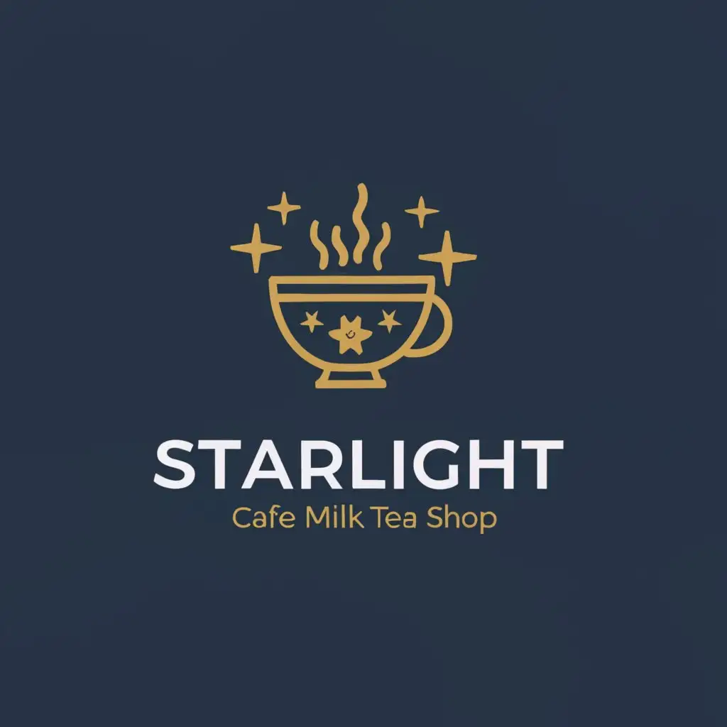 a logo design,with the text "Starlight Cafe and Milk Tea Shop.", main symbol:The logo features a stylized cup with a star pattern emanating from it, symbolizing both the starlight theme and the primary product - milk tea. The color scheme is soothing, with shades of blue and a touch of gold to represent the night sky and stars.,Minimalistic,clear background