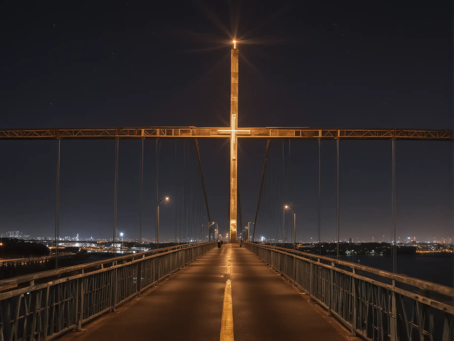 Big cross light on the bridge in the night 