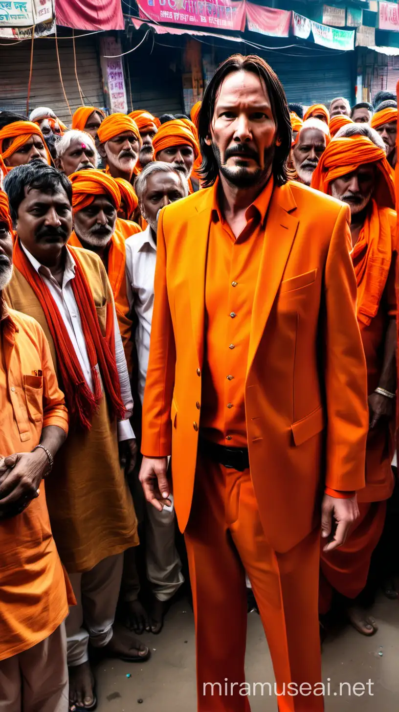John wick as Indian sage wearing Orange  stands crowded area varanasi