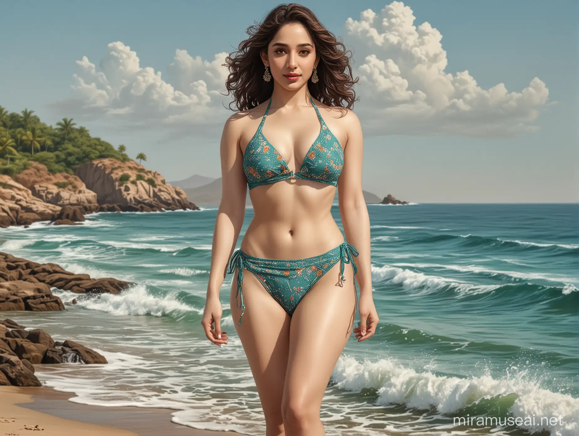 Draw an illustration style art image of Tamanna Bhatia, model actress, wearing two piece bikini in sea beach. Full body. Intricate details.
