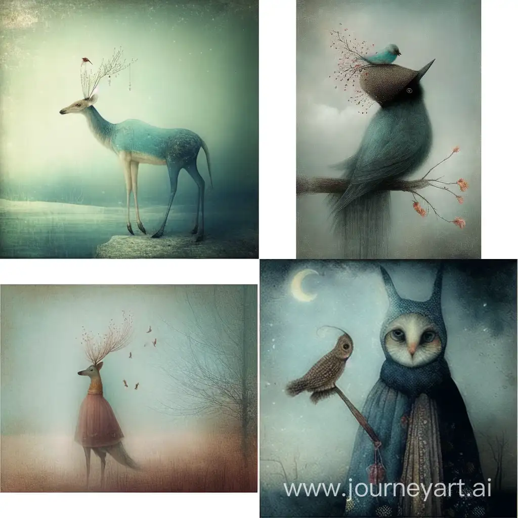 
whimsical FANTASY creature, in the style of enchanting surrealism, with hidden meanings, illusory images, jamie heiden, dark azure and aquamarine, texture-rich canvases, whimsical beauty, qajar art, raw art